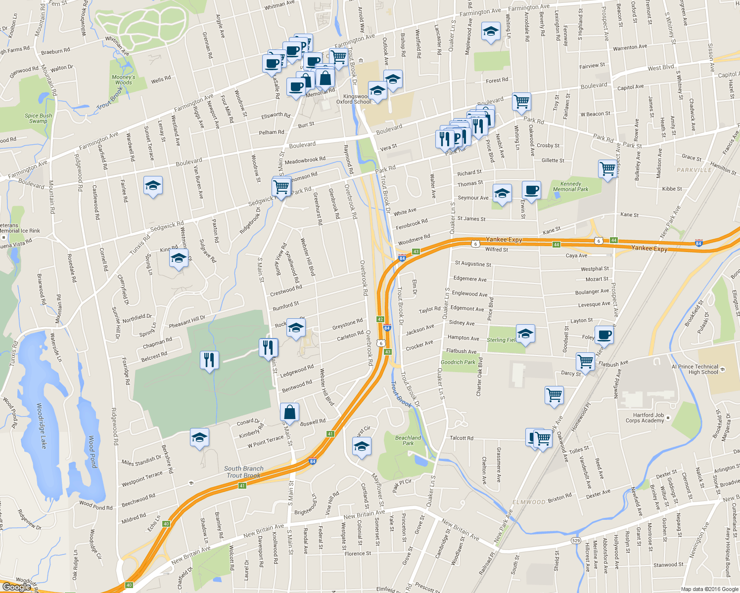 map of restaurants, bars, coffee shops, grocery stores, and more near 112 Overbrook Road in West Hartford