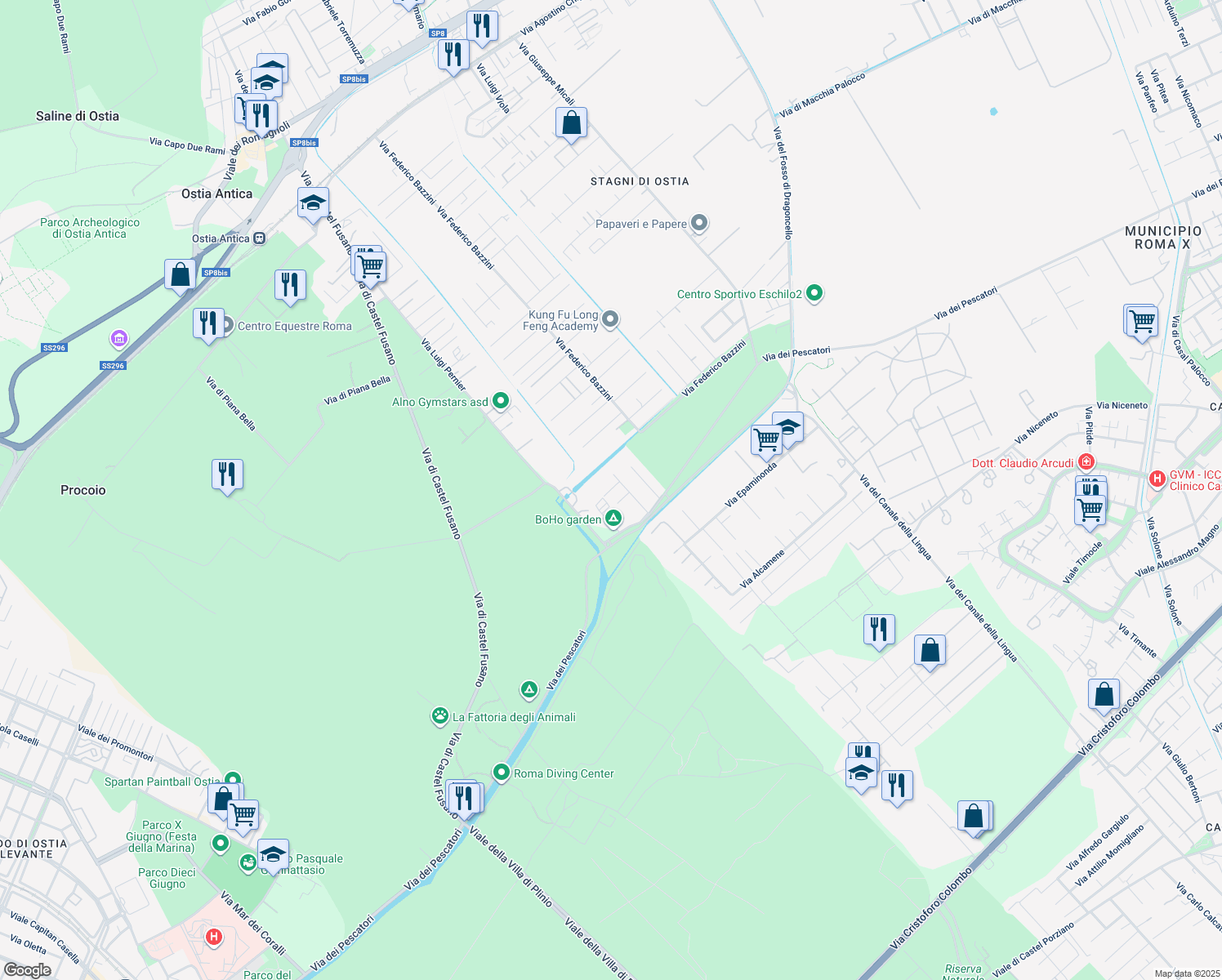map of restaurants, bars, coffee shops, grocery stores, and more near 29 Via Emiliano Sarti in Acilia-Castel Fusano-Ostia Antica