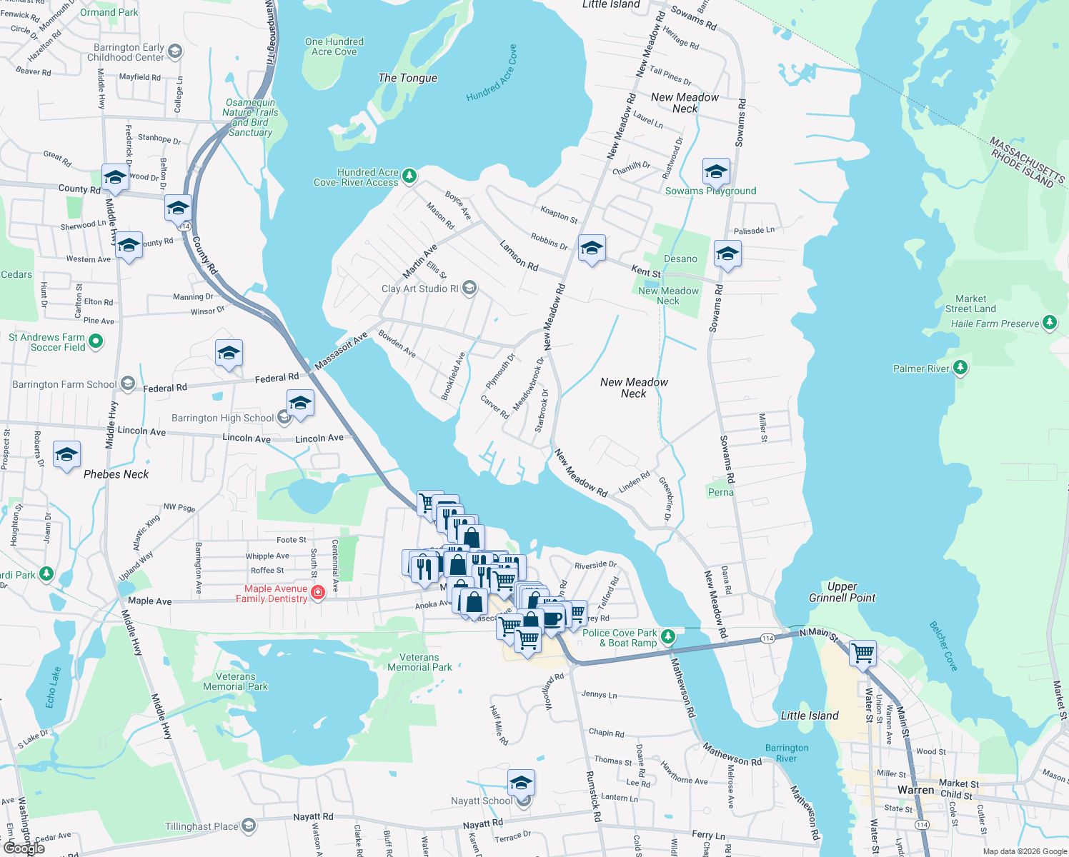 map of restaurants, bars, coffee shops, grocery stores, and more near 15 Starbrook Drive in Barrington