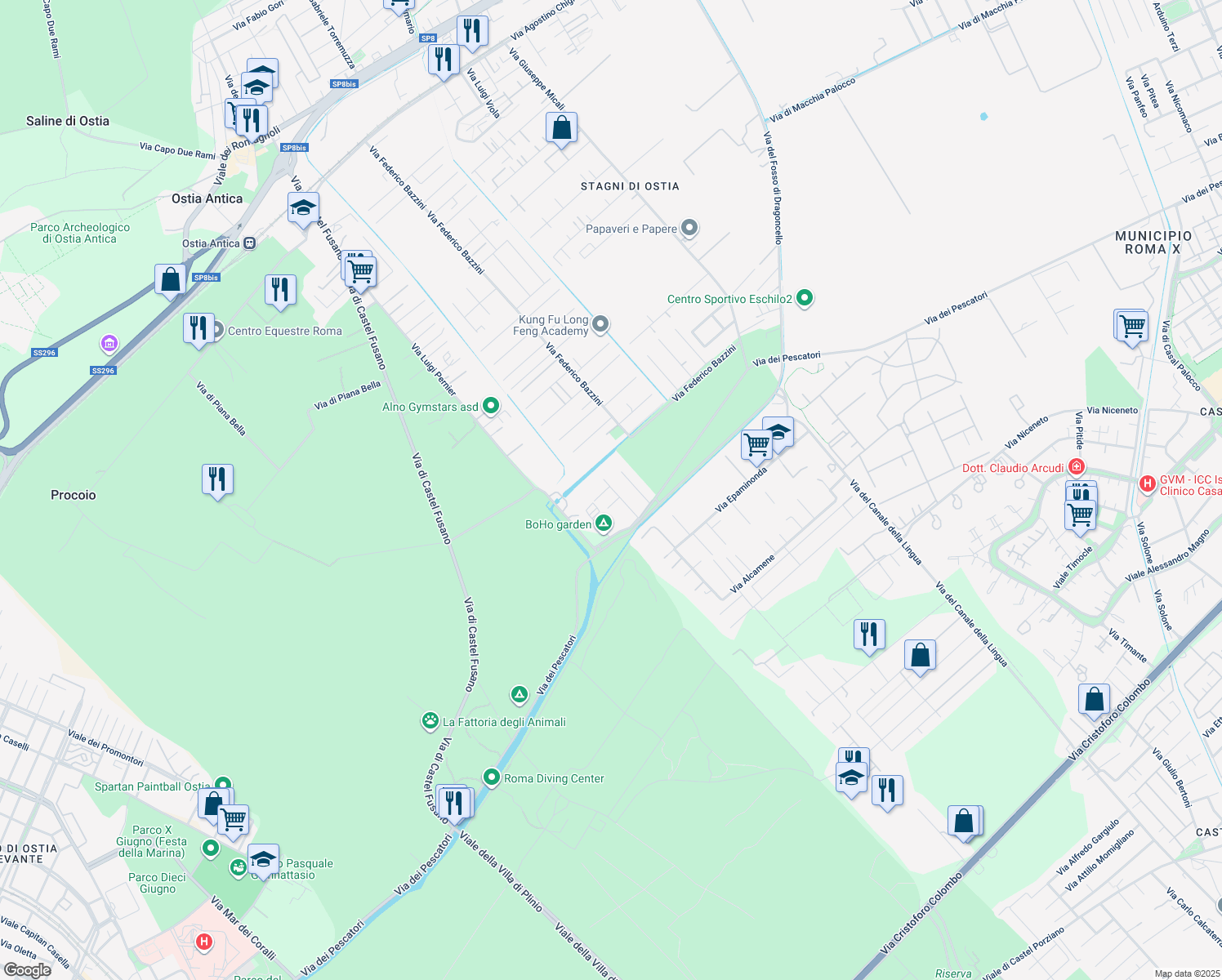 map of restaurants, bars, coffee shops, grocery stores, and more near 29 Via Emiliano Sarti in Città metropolitana di Roma Capitale