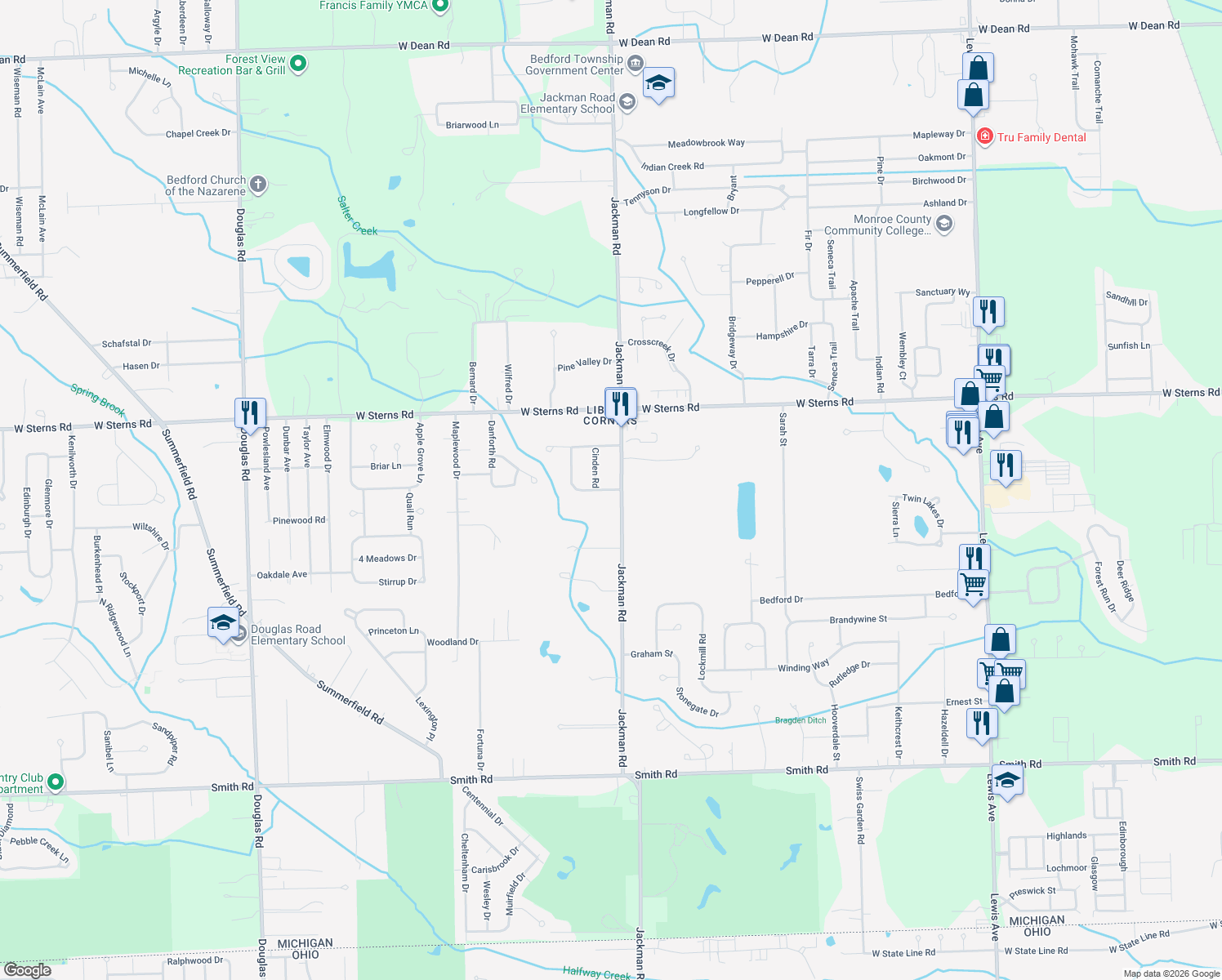 map of restaurants, bars, coffee shops, grocery stores, and more near 1733 Bragden Drive in Temperance
