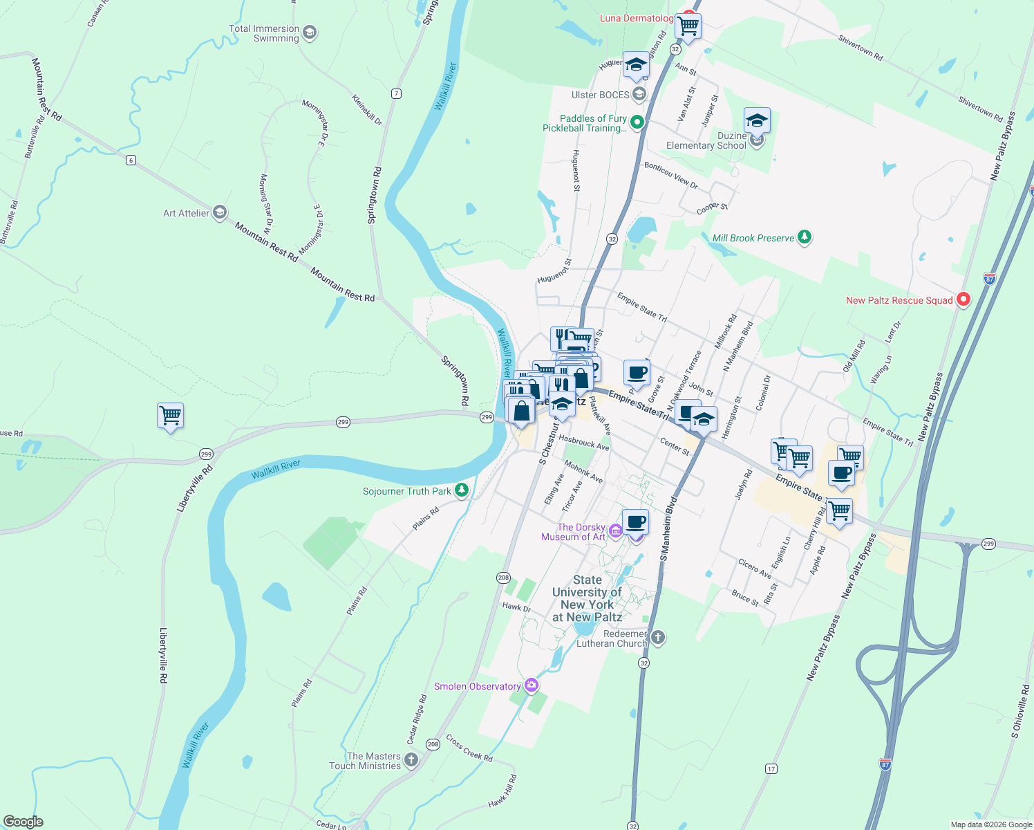 map of restaurants, bars, coffee shops, grocery stores, and more near 3 Main Street in New Paltz