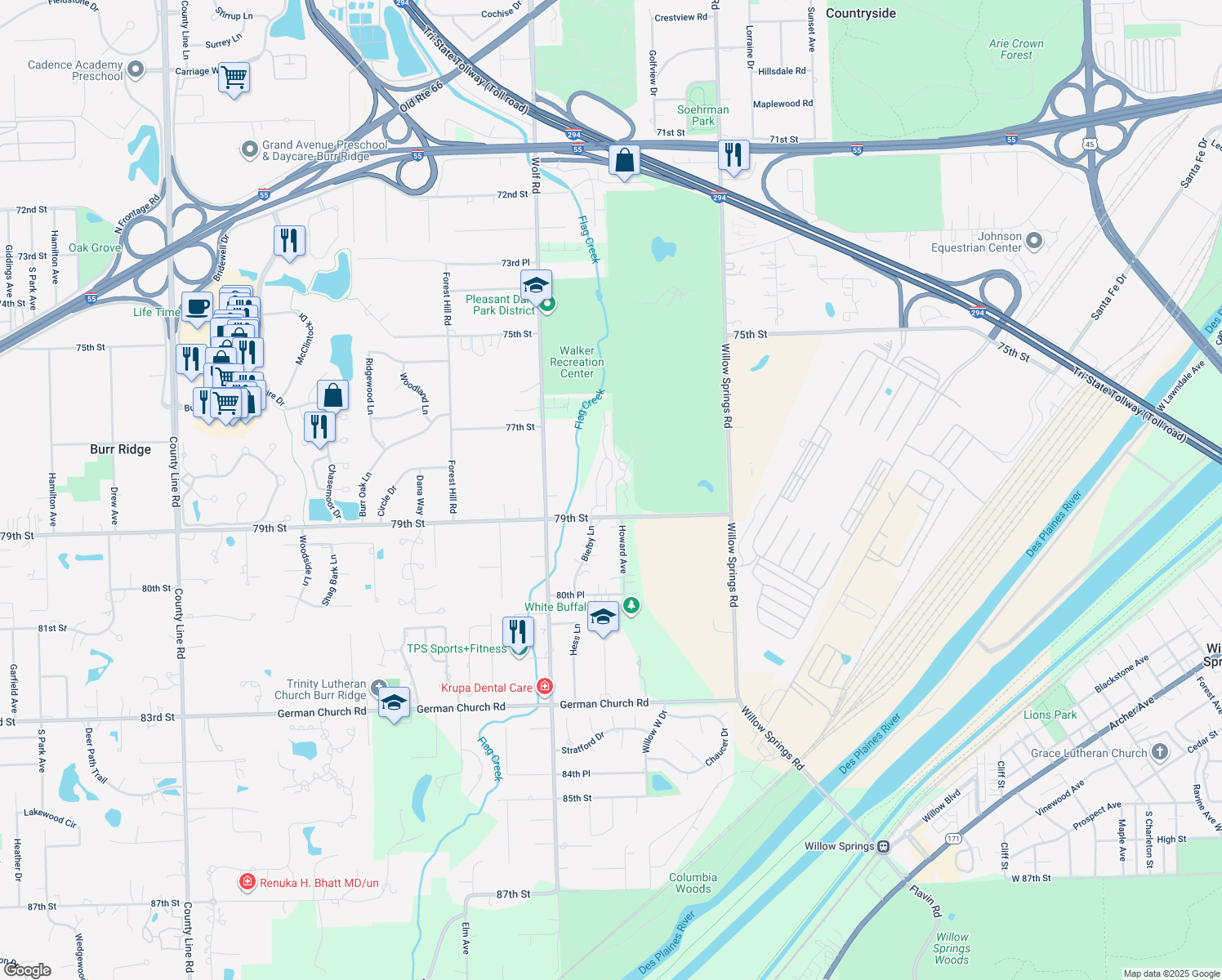 map of restaurants, bars, coffee shops, grocery stores, and more near 124 Fairway Drive in La Grange