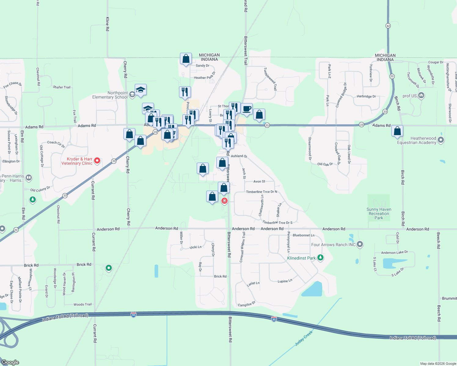 map of restaurants, bars, coffee shops, grocery stores, and more near 51264 Bittersweet Road in Granger