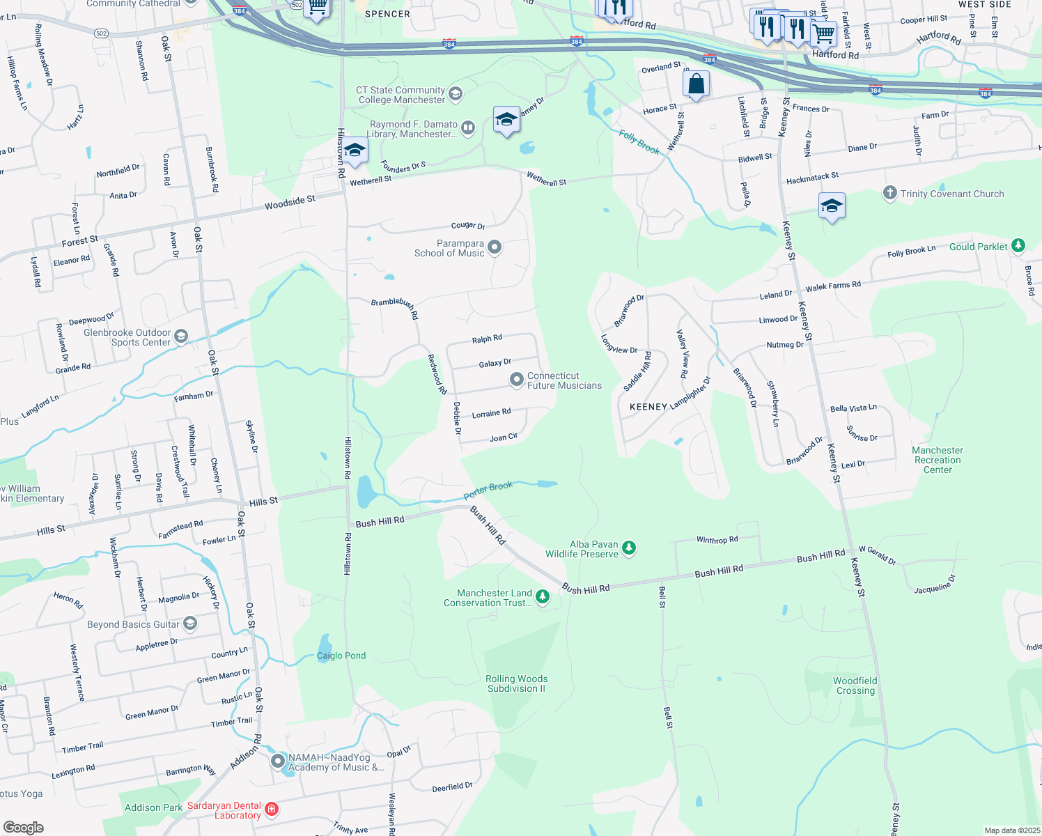 map of restaurants, bars, coffee shops, grocery stores, and more near 105 Joan Circle in Manchester