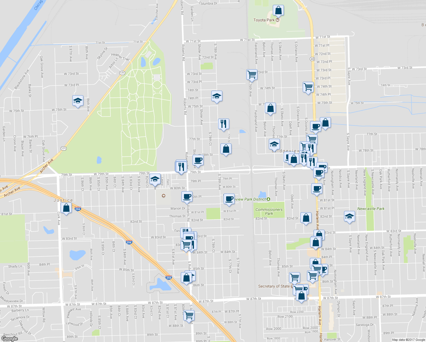 map of restaurants, bars, coffee shops, grocery stores, and more near 78th Court in Bridgeview