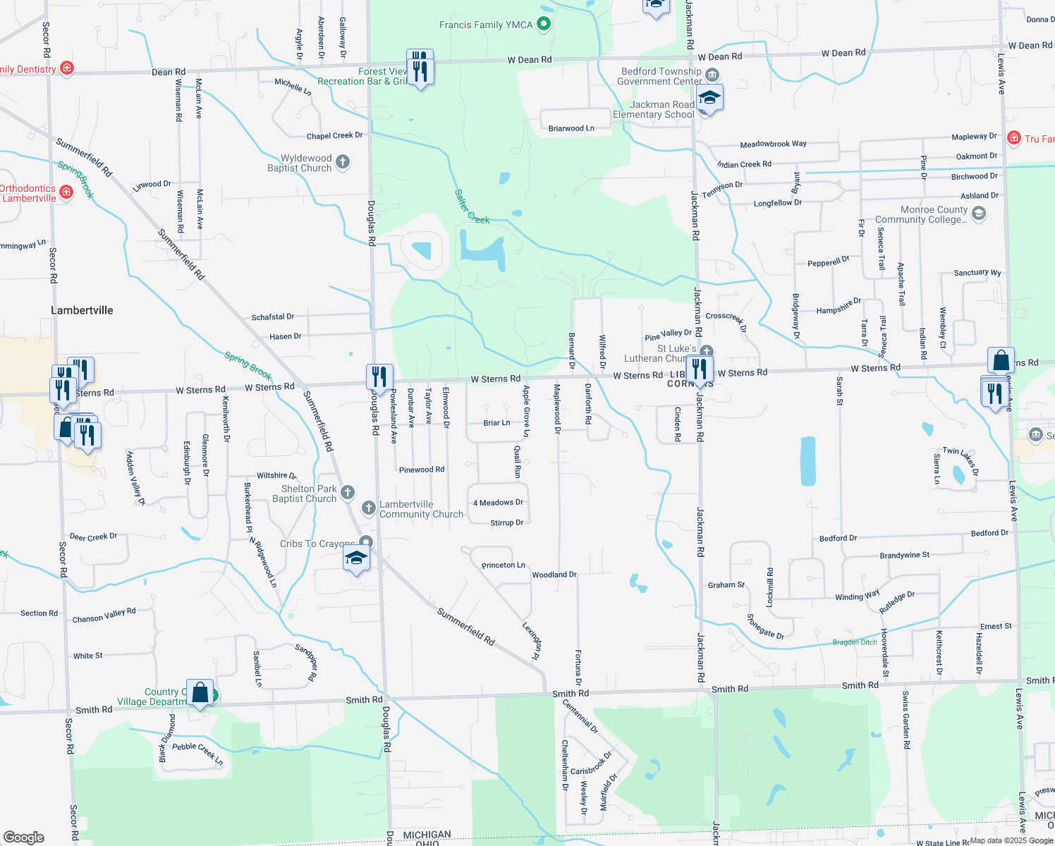 map of restaurants, bars, coffee shops, grocery stores, and more near 7298 Apple Grove Lane in Temperance