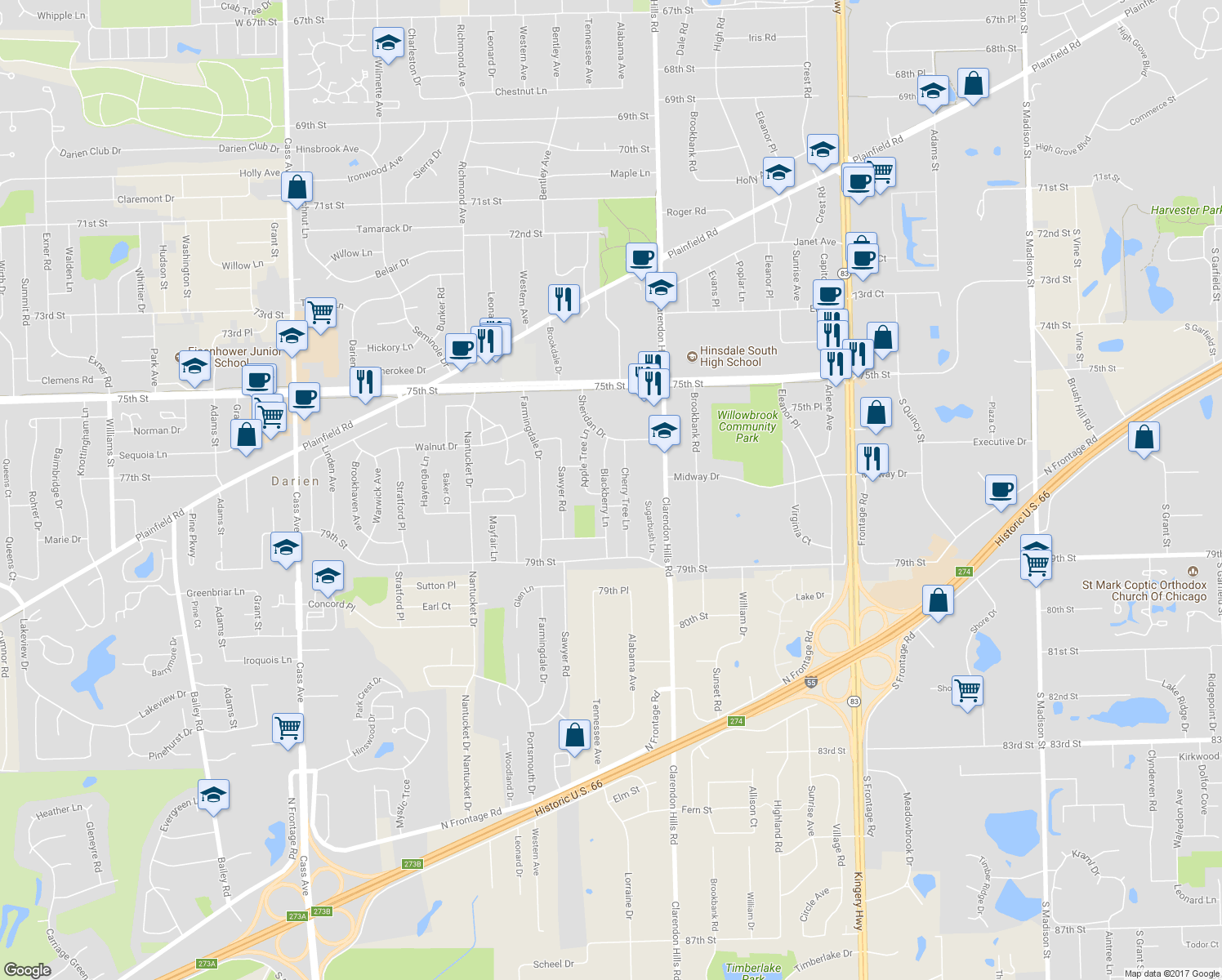 map of restaurants, bars, coffee shops, grocery stores, and more near 7713 Blackberry Lane in Willowbrook