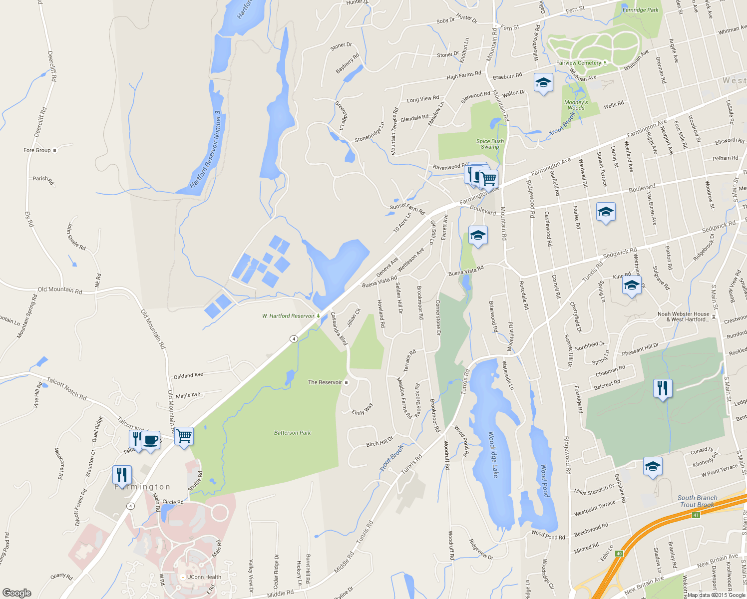 map of restaurants, bars, coffee shops, grocery stores, and more near 45 Howland Road in West Hartford