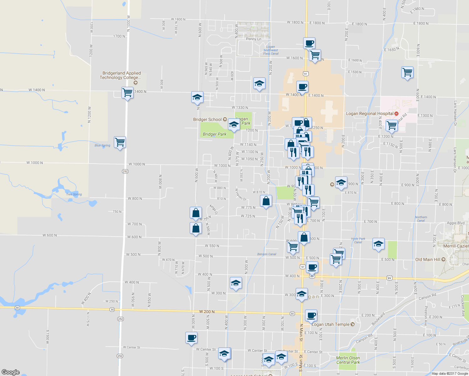 map of restaurants, bars, coffee shops, grocery stores, and more near 885 West Haven Drive in Logan