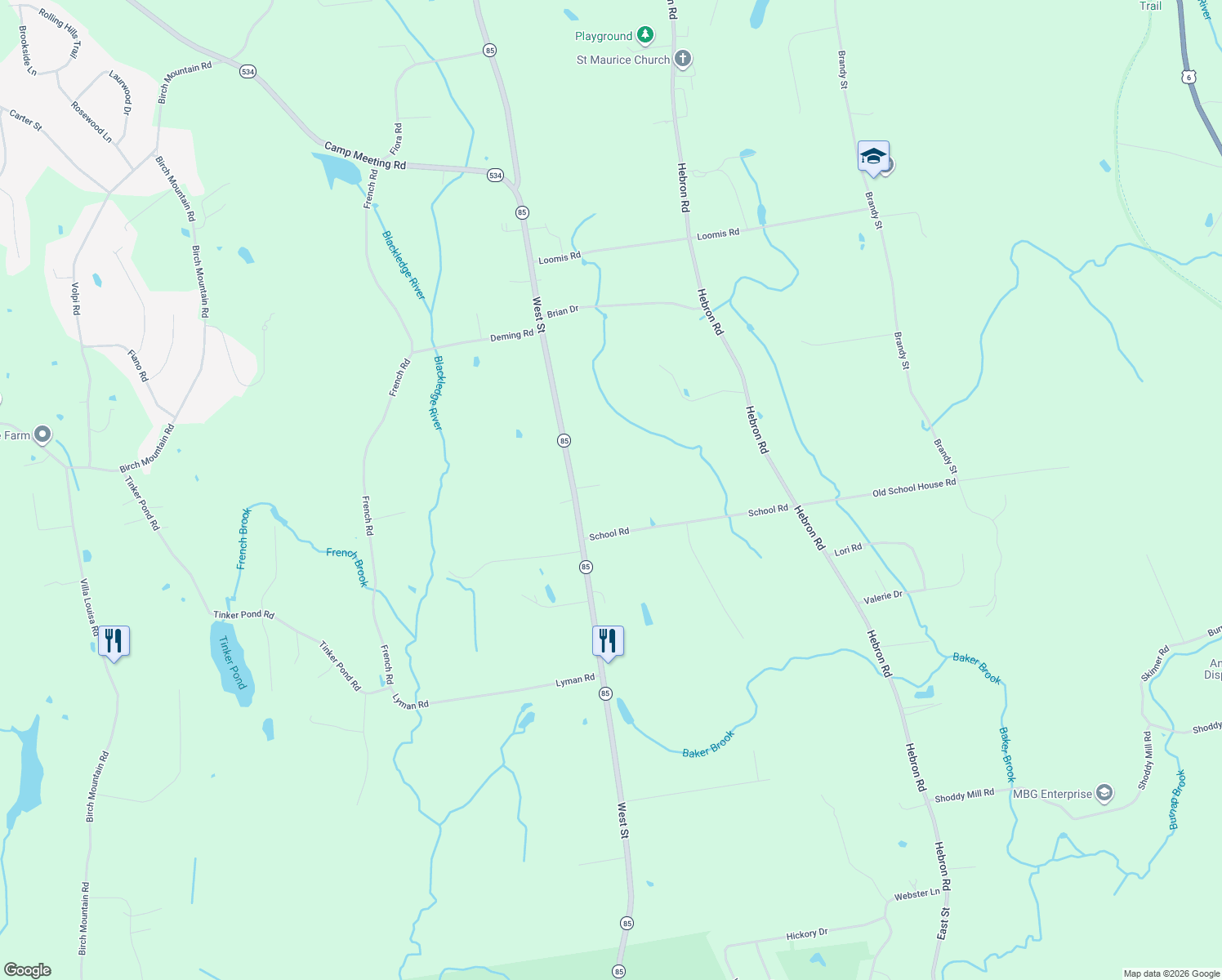 map of restaurants, bars, coffee shops, grocery stores, and more near 174 West Street in Bolton