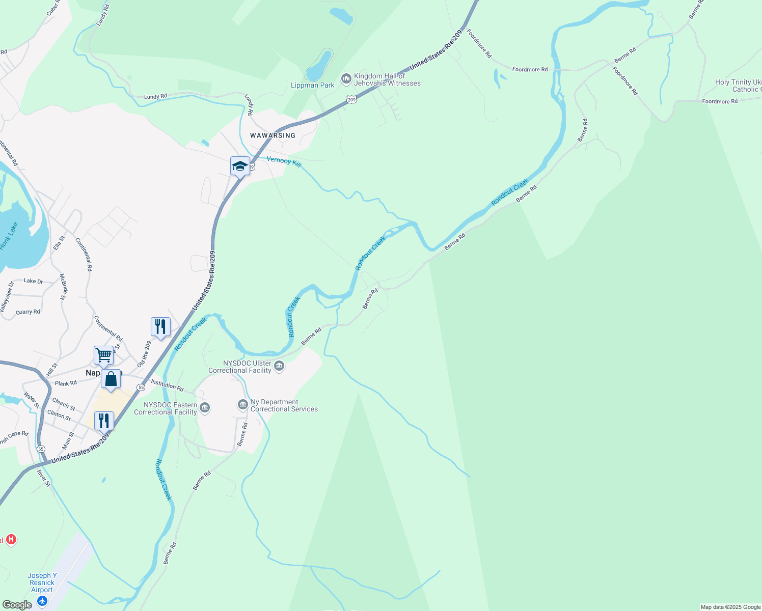 map of restaurants, bars, coffee shops, grocery stores, and more near 195 Towpath Road in Napanoch