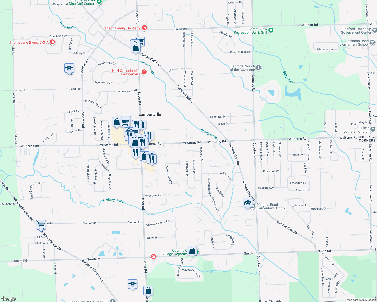 map of restaurants, bars, coffee shops, grocery stores, and more near 7332 Edinburgh Drive in Lambertville