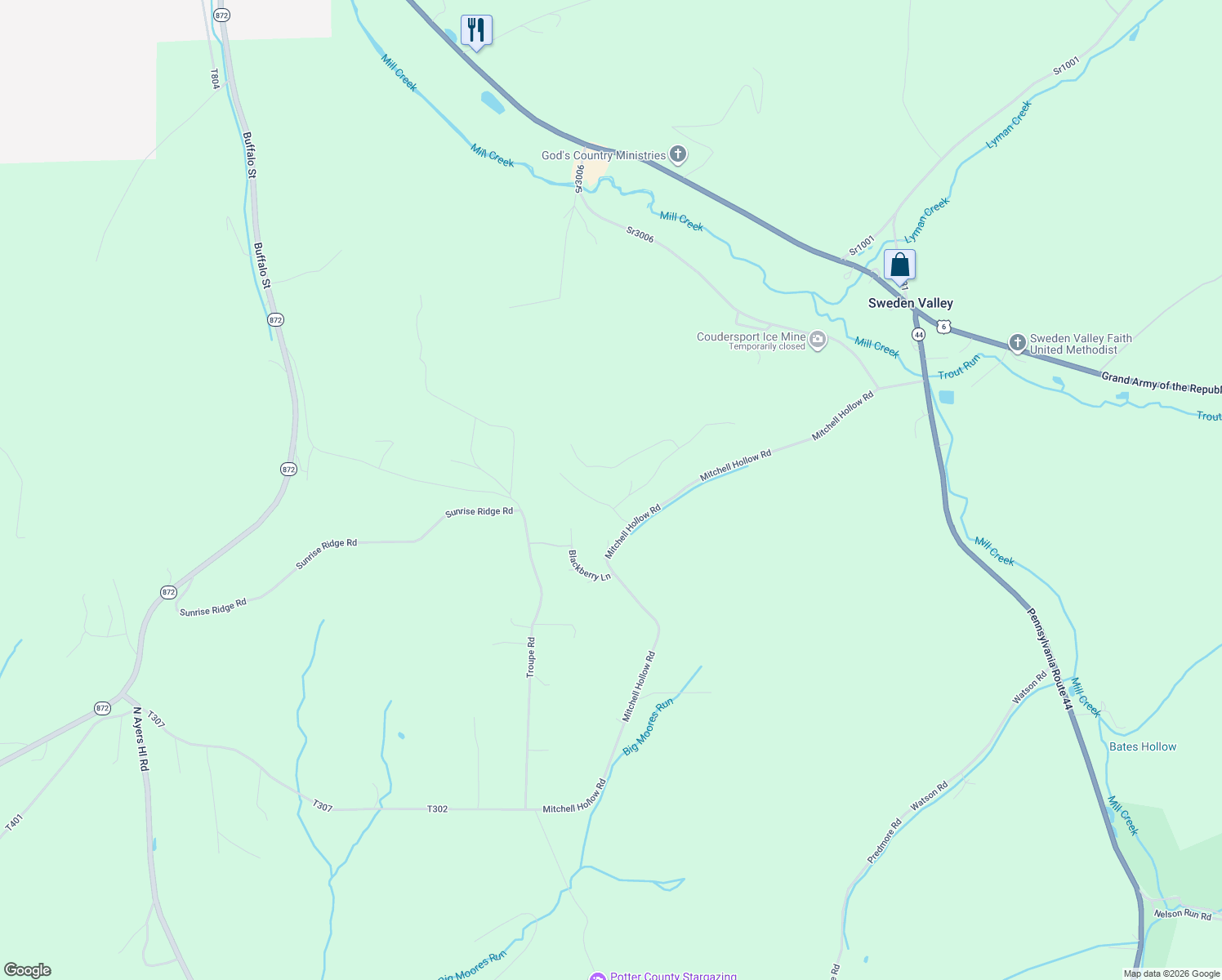 map of restaurants, bars, coffee shops, grocery stores, and more near Angel Lane in Coudersport
