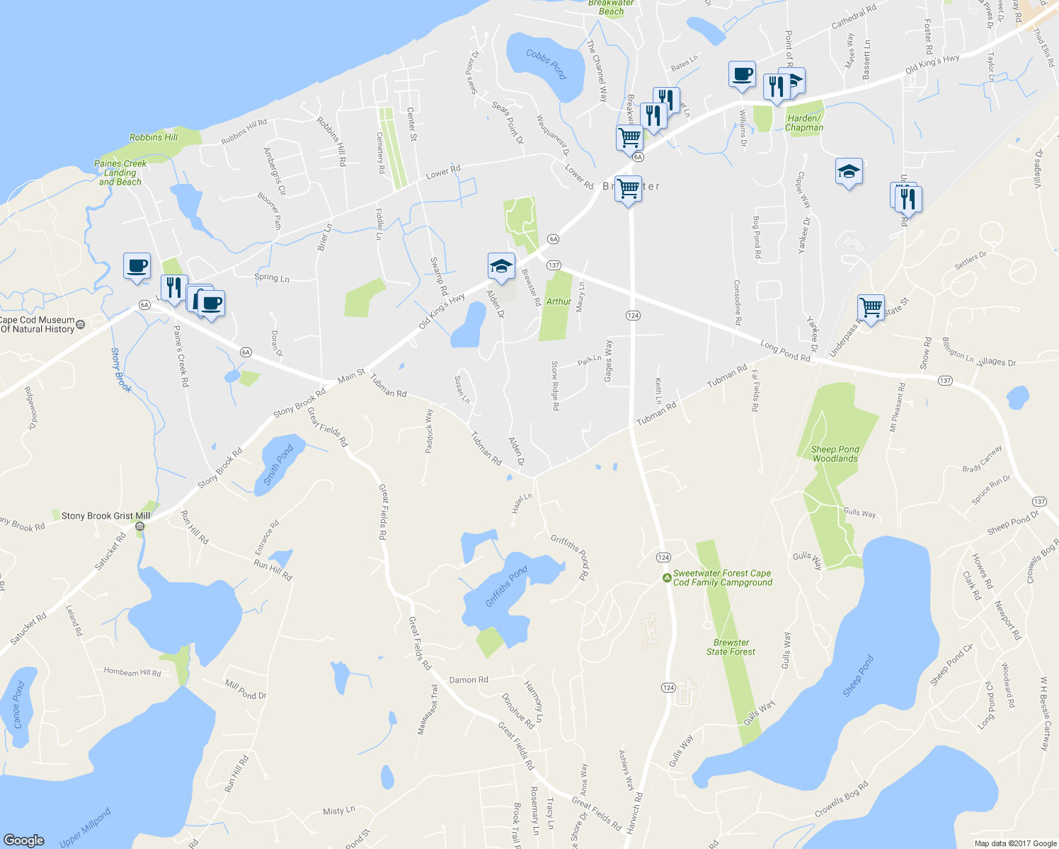map of restaurants, bars, coffee shops, grocery stores, and more near 379 Tubman Road in Brewster