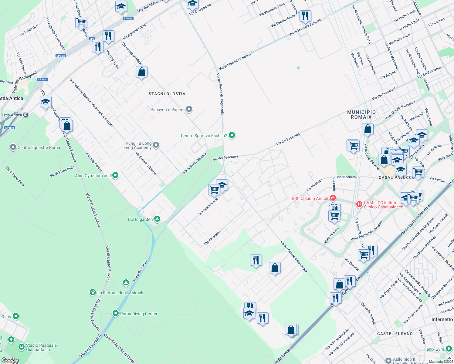 map of restaurants, bars, coffee shops, grocery stores, and more near 20 Via del Canale della Lingua in Rome