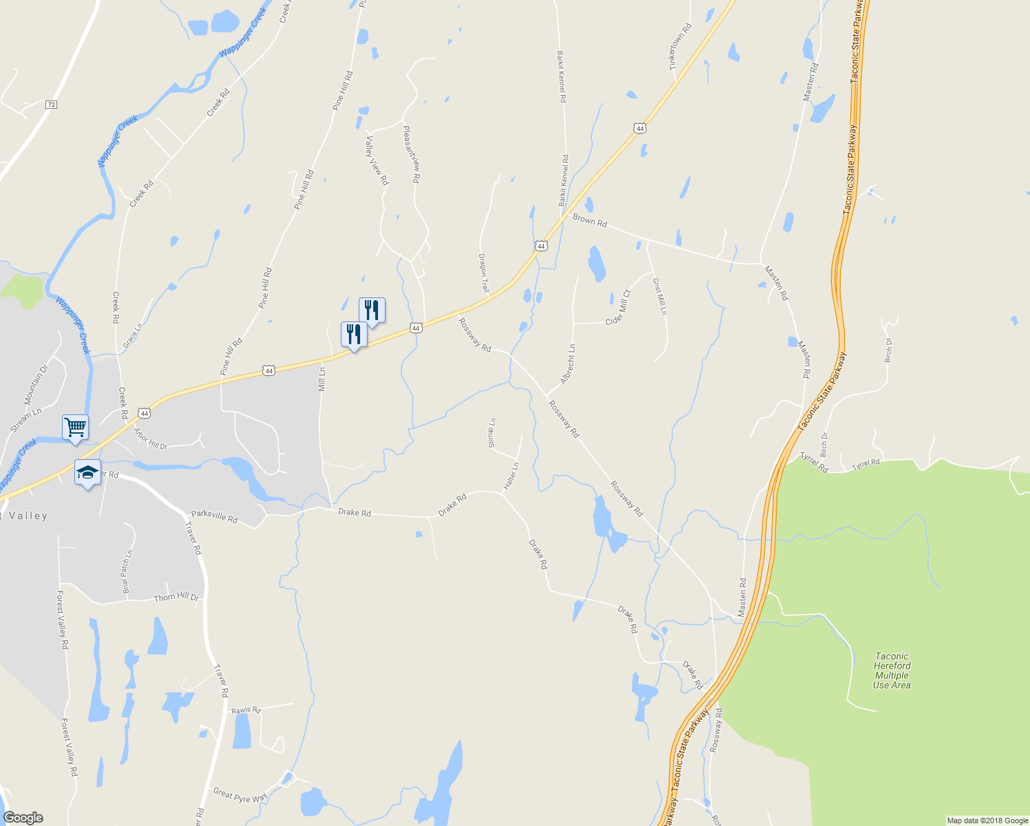 map of restaurants, bars, coffee shops, grocery stores, and more near 43 Halter Lane in Pleasant Valley