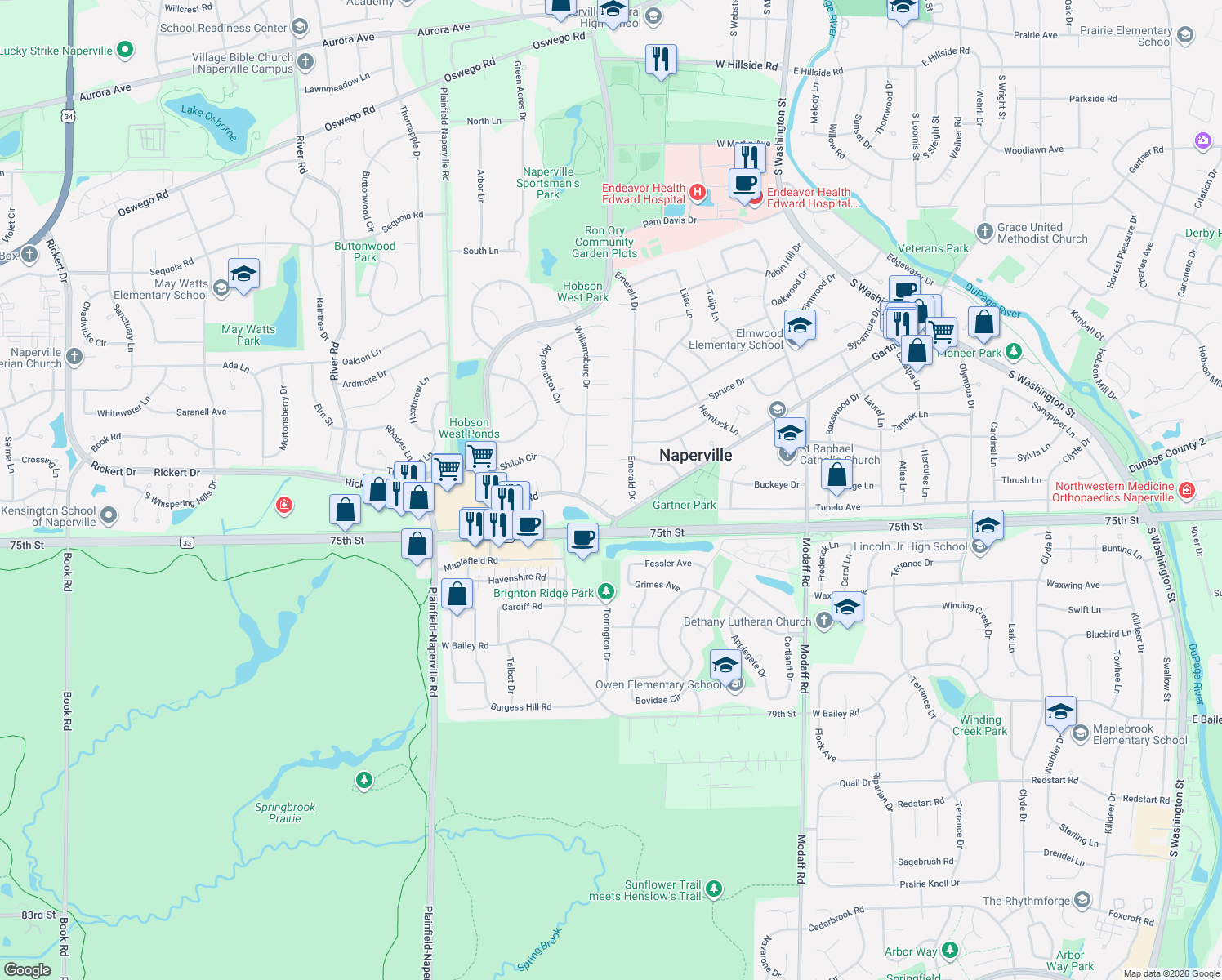 map of restaurants, bars, coffee shops, grocery stores, and more near 1201 Vermont Court in Naperville