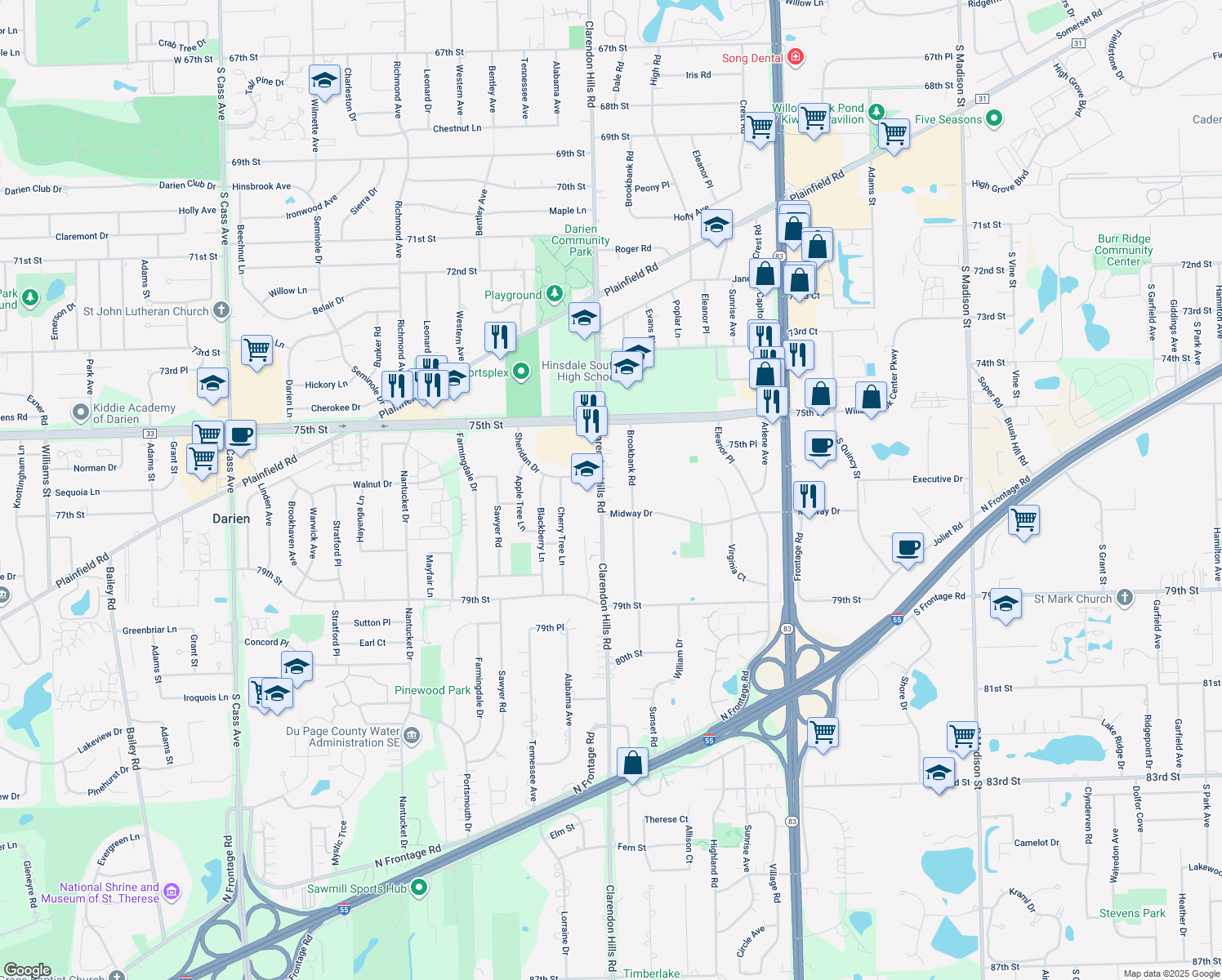map of restaurants, bars, coffee shops, grocery stores, and more near 7619 Clarendon Hills Road in Willowbrook