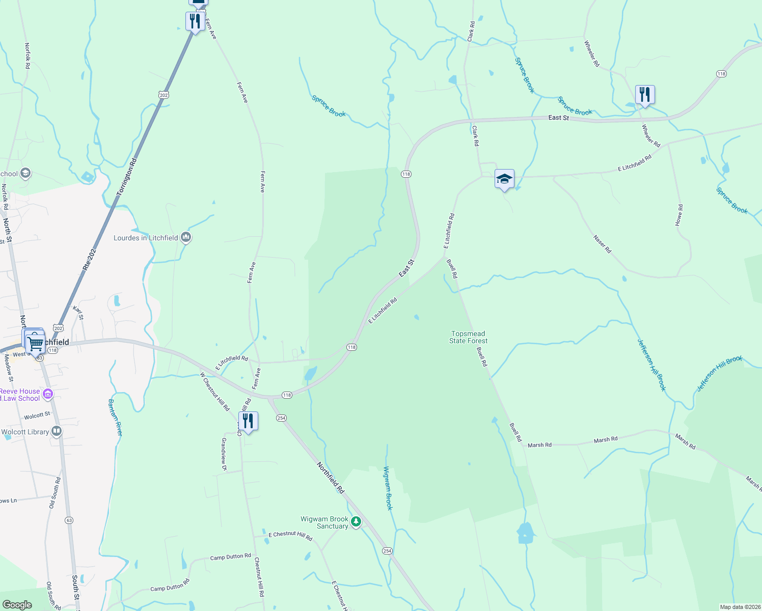 map of restaurants, bars, coffee shops, grocery stores, and more near 149 East Litchfield Road in Litchfield