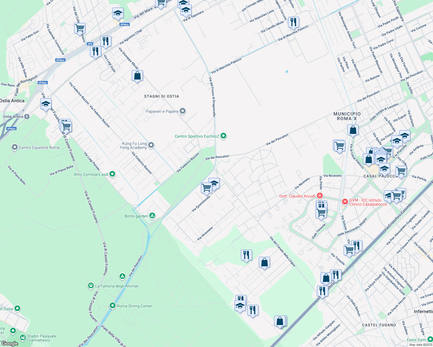 map of restaurants, bars, coffee shops, grocery stores, and more near 20 Via del Canale della Lingua in Città metropolitana di Roma Capitale