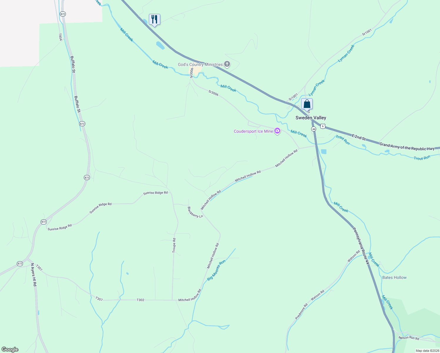 map of restaurants, bars, coffee shops, grocery stores, and more near Angel Lane in Potter County