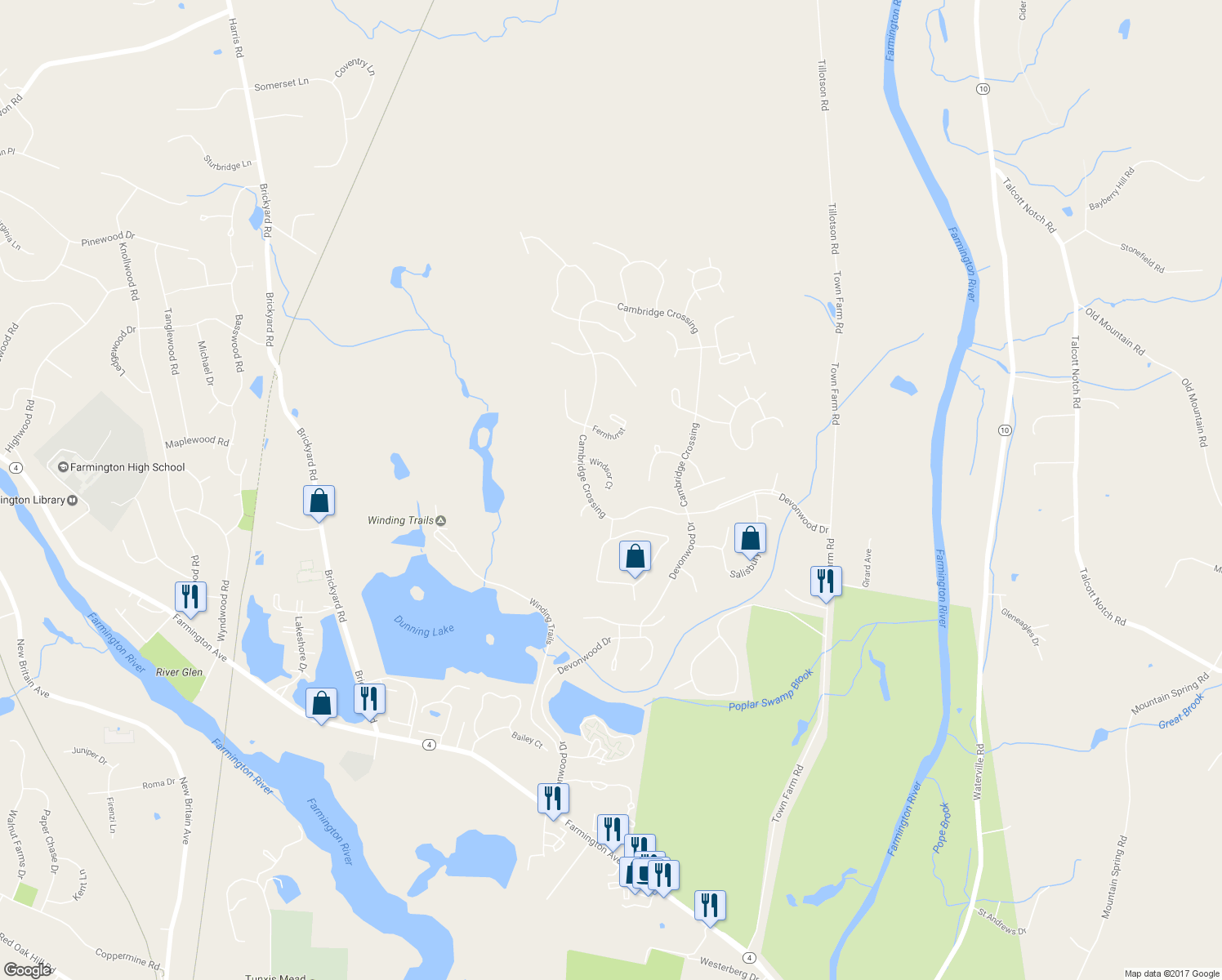 map of restaurants, bars, coffee shops, grocery stores, and more near 10 Windsor Court in Farmington
