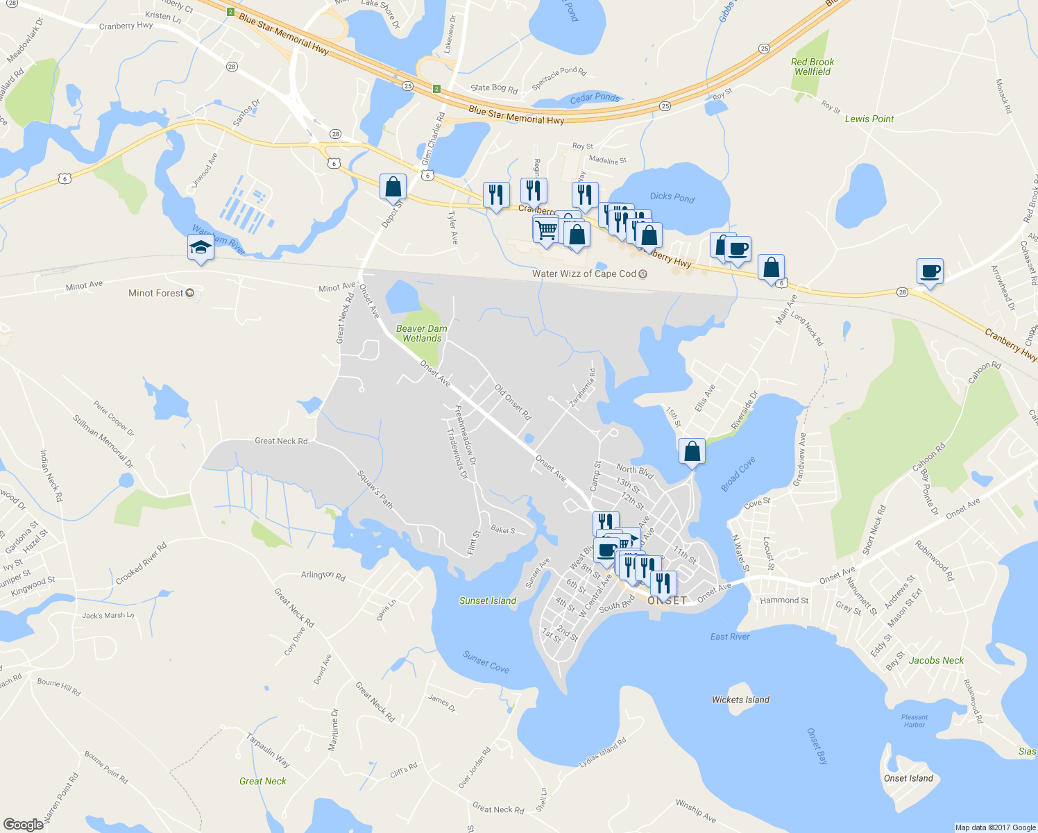 map of restaurants, bars, coffee shops, grocery stores, and more near 12 Old Onset Road in Wareham