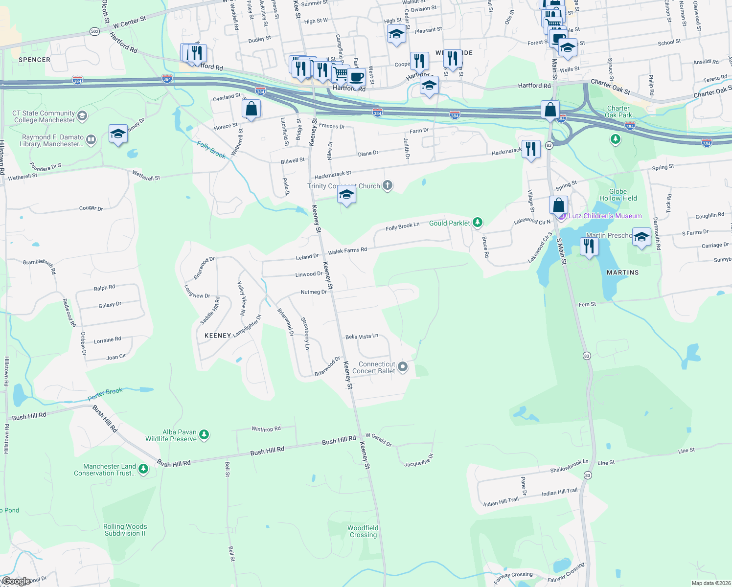 map of restaurants, bars, coffee shops, grocery stores, and more near 62 Garden Grove Road in Manchester