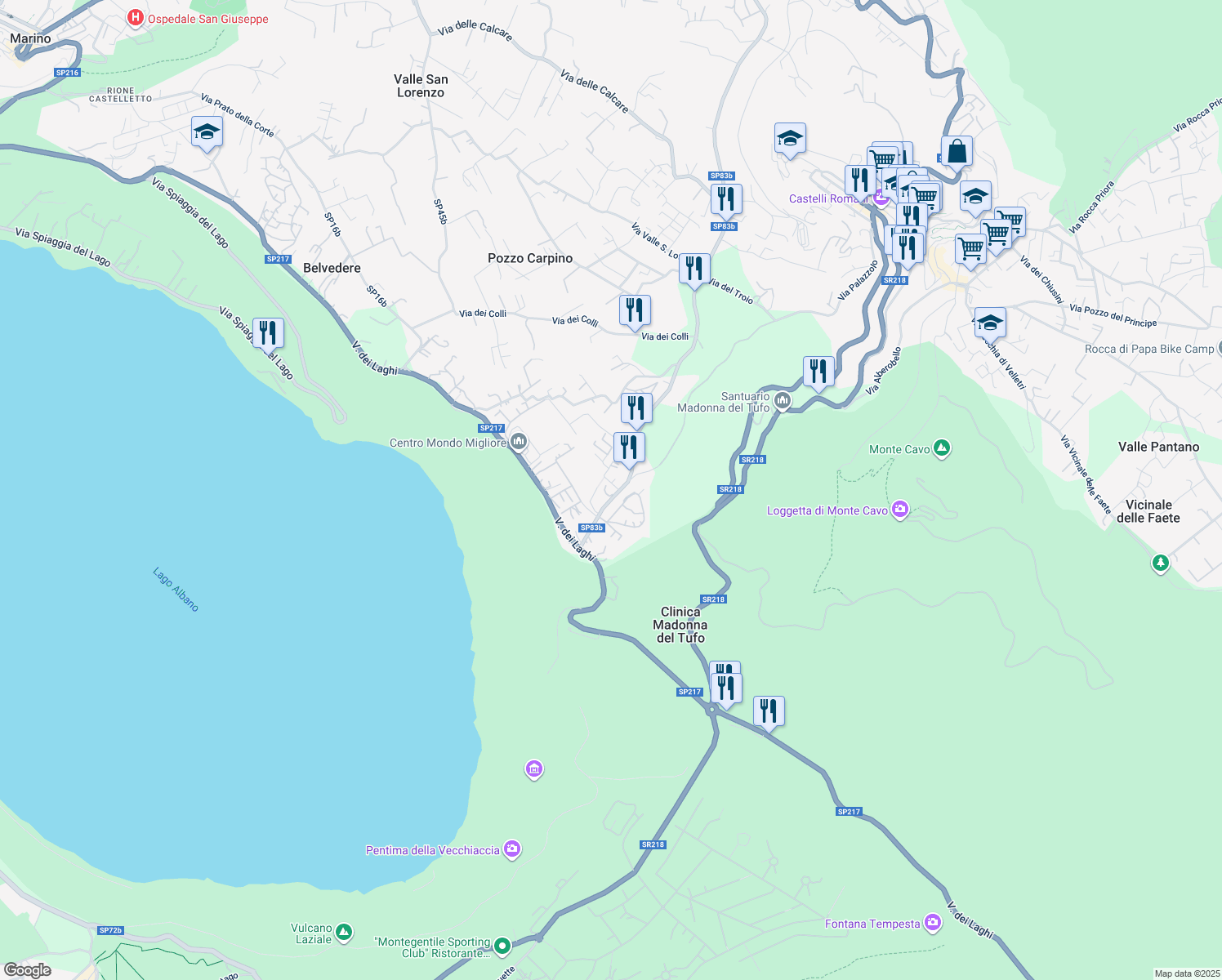map of restaurants, bars, coffee shops, grocery stores, and more near 62 Via delle Barozze in Rocca di Papa
