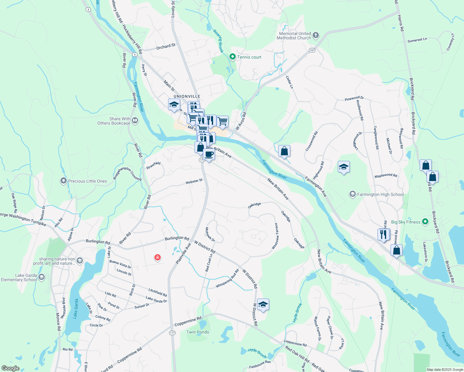 map of restaurants, bars, coffee shops, grocery stores, and more near 95 Forest Street in Farmington