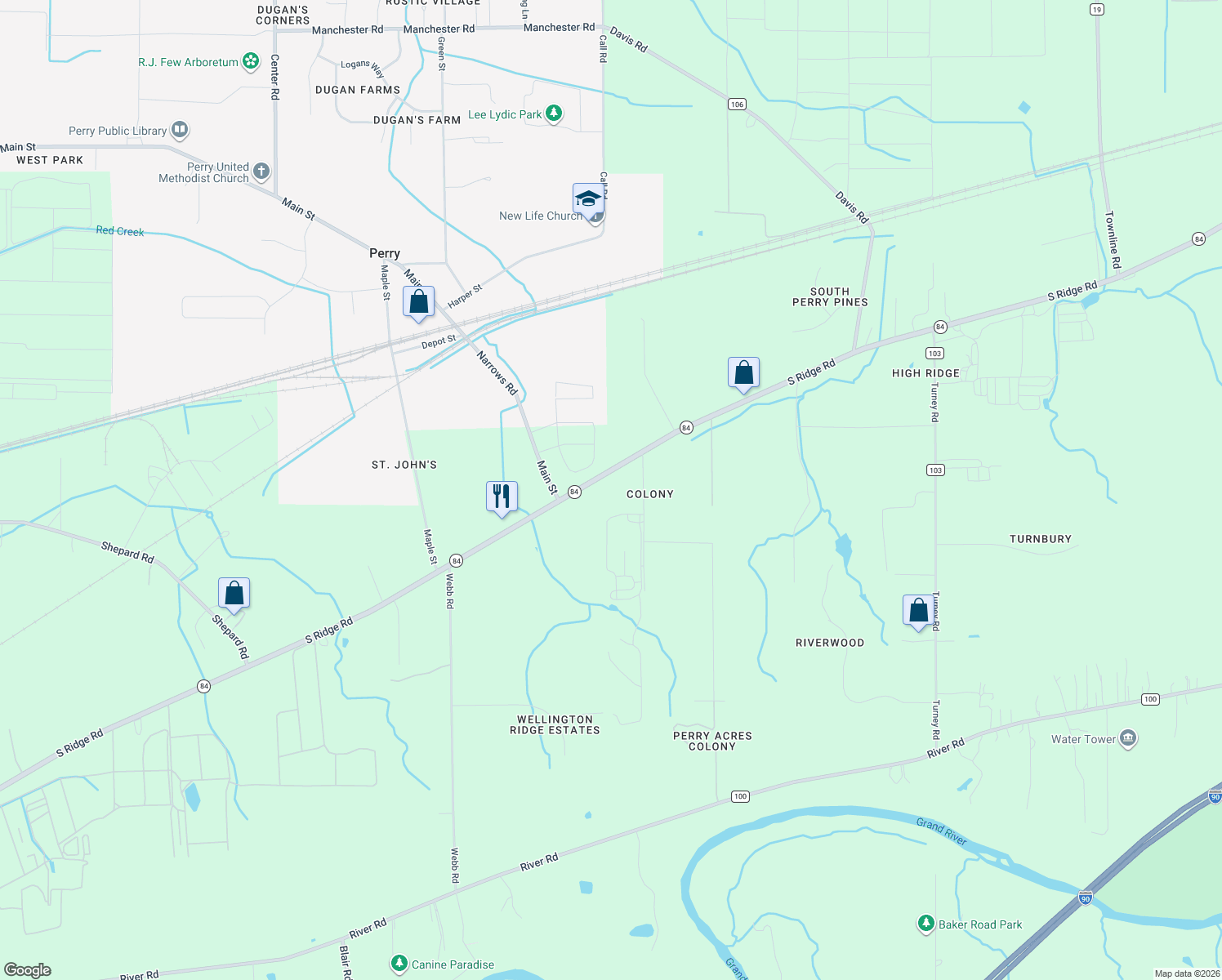 map of restaurants, bars, coffee shops, grocery stores, and more near 4444 South Ridge Road in Perry