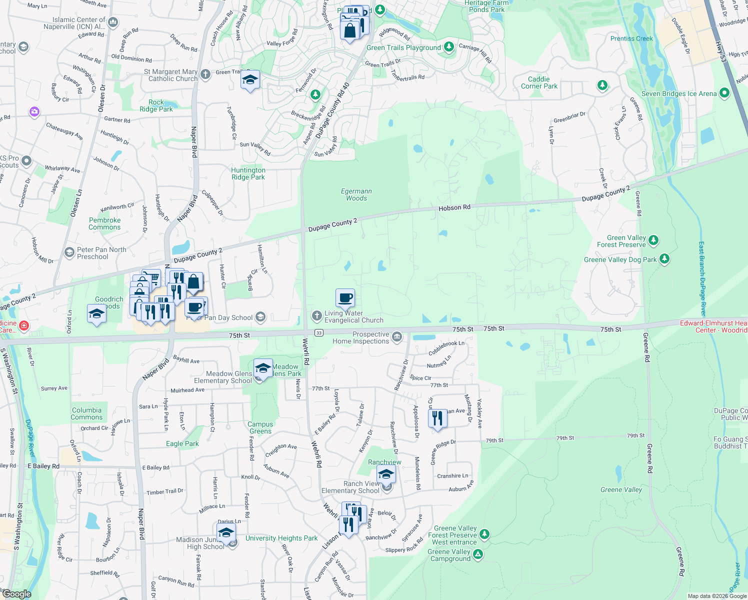map of restaurants, bars, coffee shops, grocery stores, and more near 8S280 Blackthorne Lane in Naperville