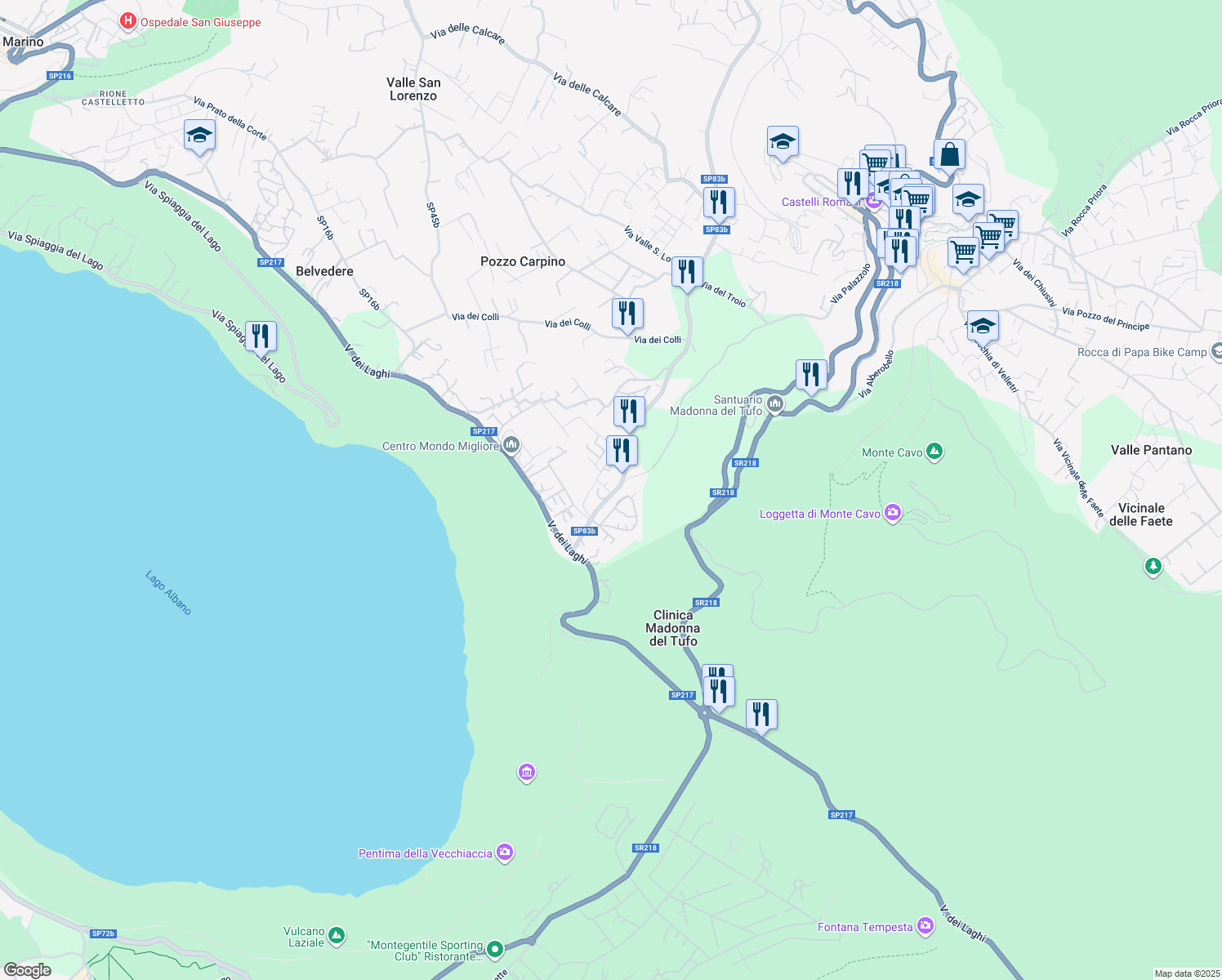 map of restaurants, bars, coffee shops, grocery stores, and more near 62 Via delle Barozze in Rocca di Papa