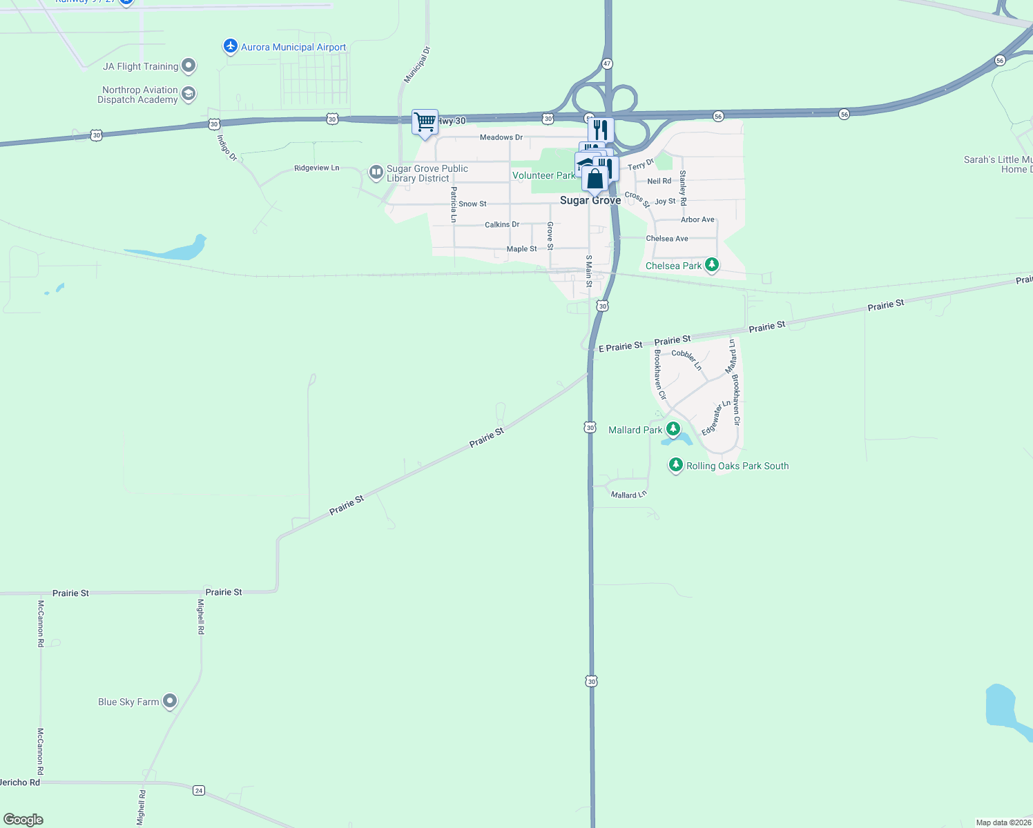 map of restaurants, bars, coffee shops, grocery stores, and more near 195 West Prairie Street in Sugar Grove