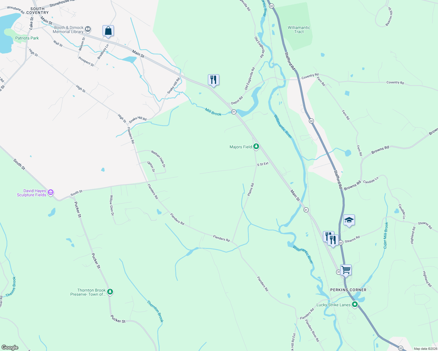 map of restaurants, bars, coffee shops, grocery stores, and more near 173 South Street Extension in Coventry