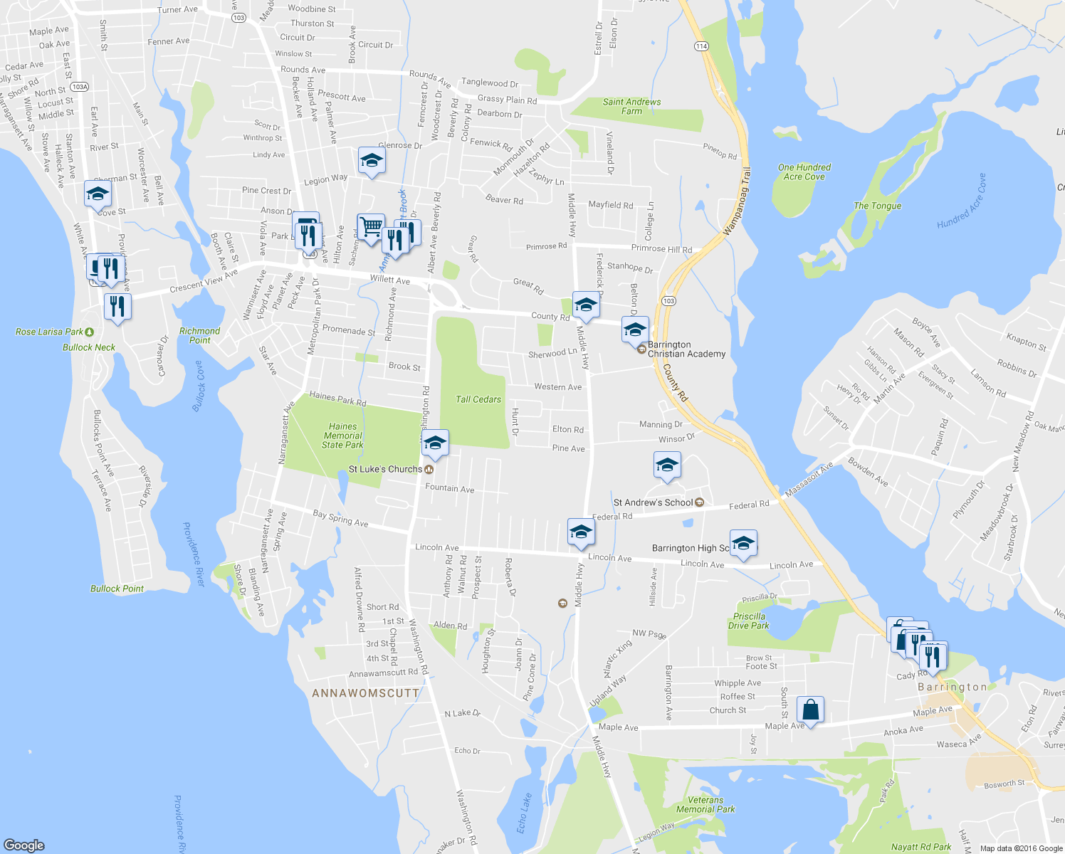 map of restaurants, bars, coffee shops, grocery stores, and more near 5 Deerfield Drive in Barrington
