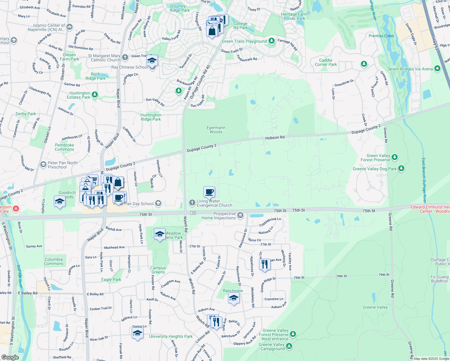 map of restaurants, bars, coffee shops, grocery stores, and more near 24W360 Hemlock Lane in Naperville