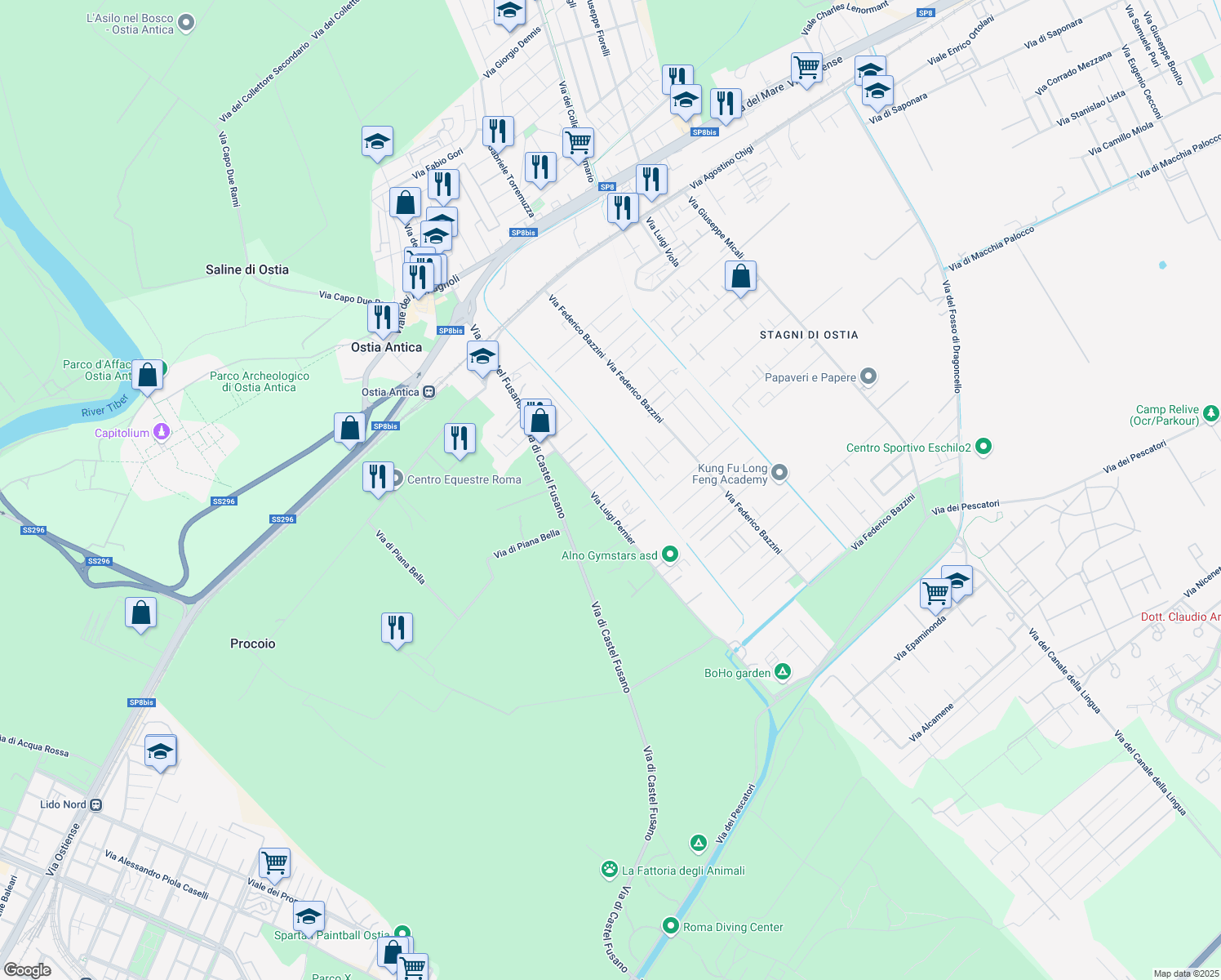 map of restaurants, bars, coffee shops, grocery stores, and more near 20 Via Antonio Rivautella in Municipio Roma X