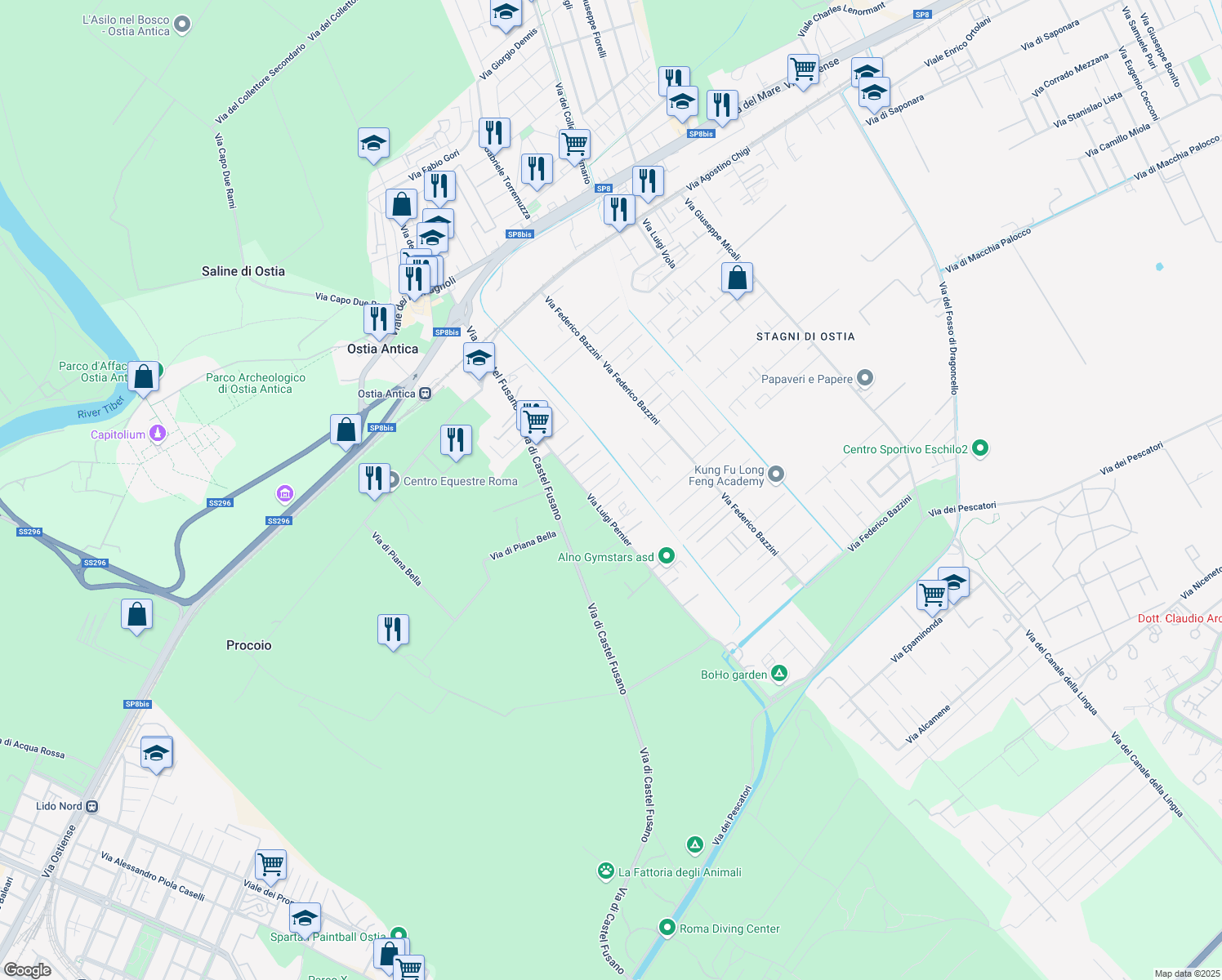 map of restaurants, bars, coffee shops, grocery stores, and more near 20 Via Antonio Rivautella in Città metropolitana di Roma Capitale