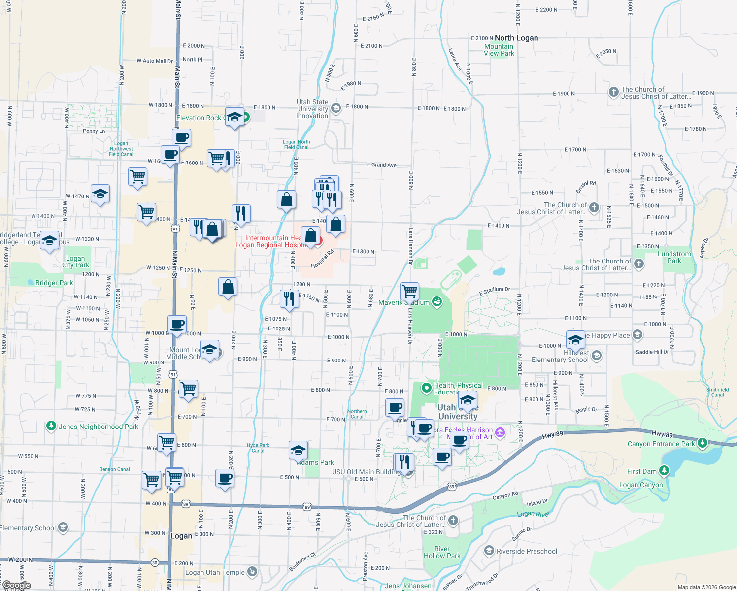 map of restaurants, bars, coffee shops, grocery stores, and more near 1167 North 680 East in Logan