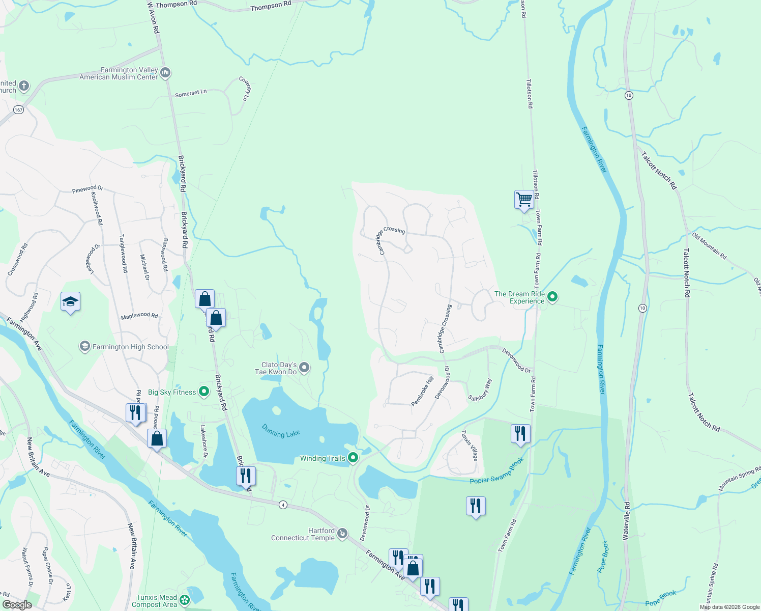 map of restaurants, bars, coffee shops, grocery stores, and more near 98 Hinchley Wood in Farmington