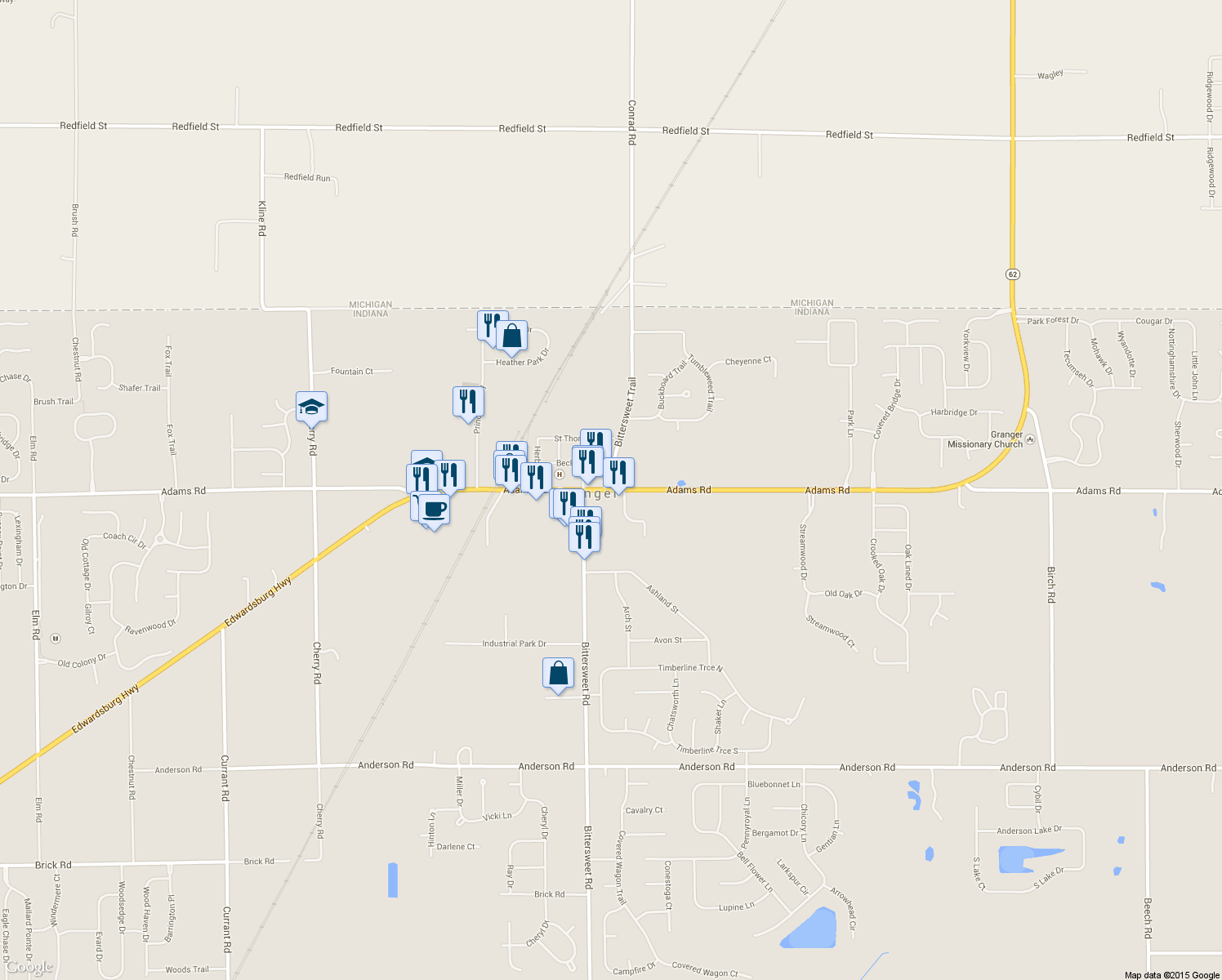 map of restaurants, bars, coffee shops, grocery stores, and more near 12064 Adams Rd in Granger