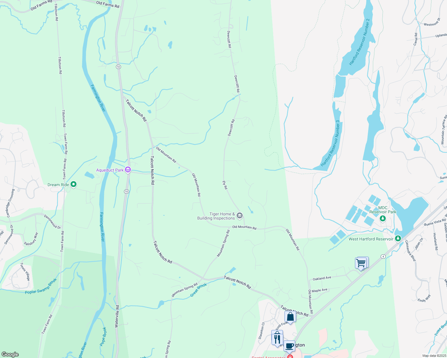 map of restaurants, bars, coffee shops, grocery stores, and more near 55 Ely Road in Farmington