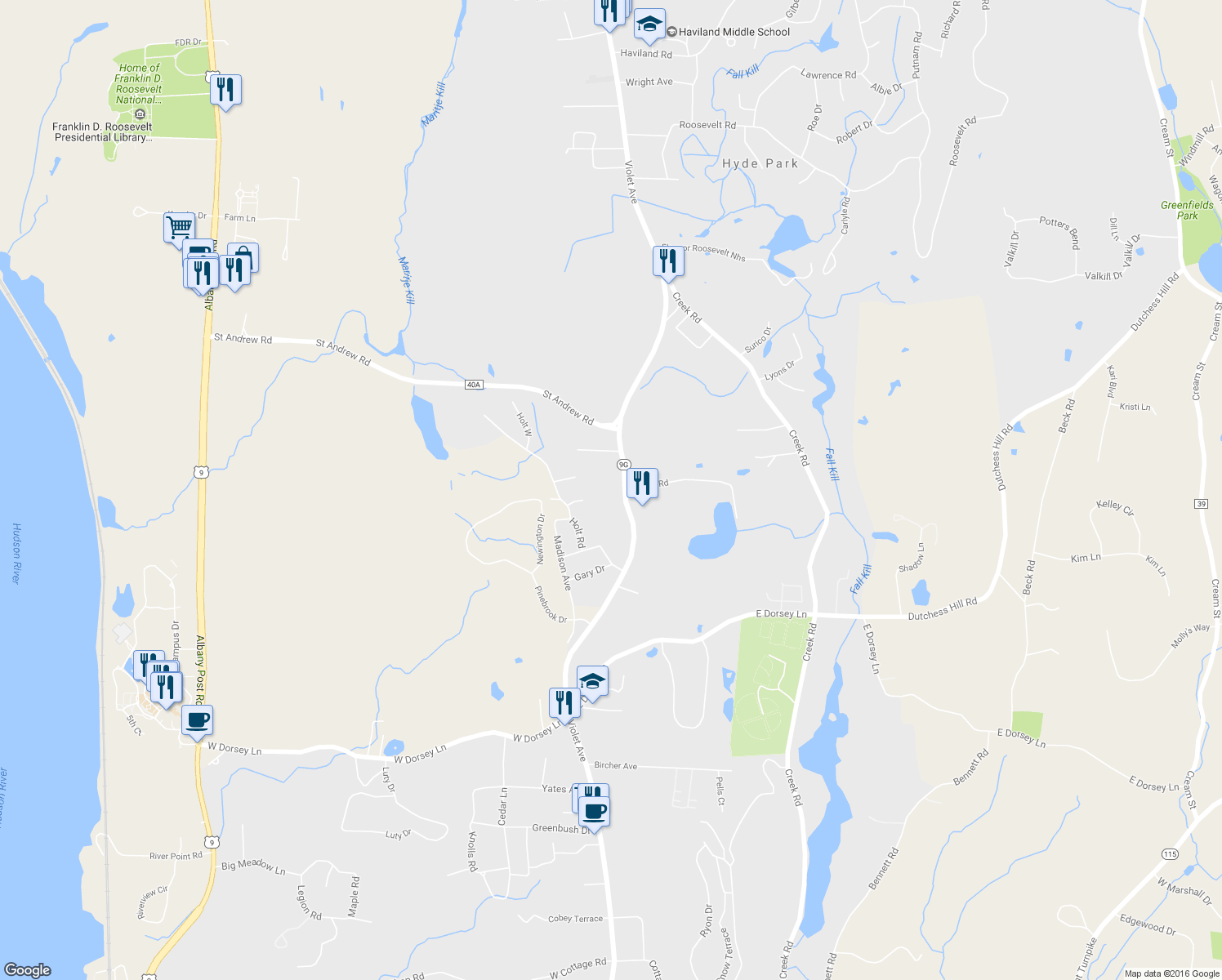map of restaurants, bars, coffee shops, grocery stores, and more near 611 Violet Ave in Hyde Park