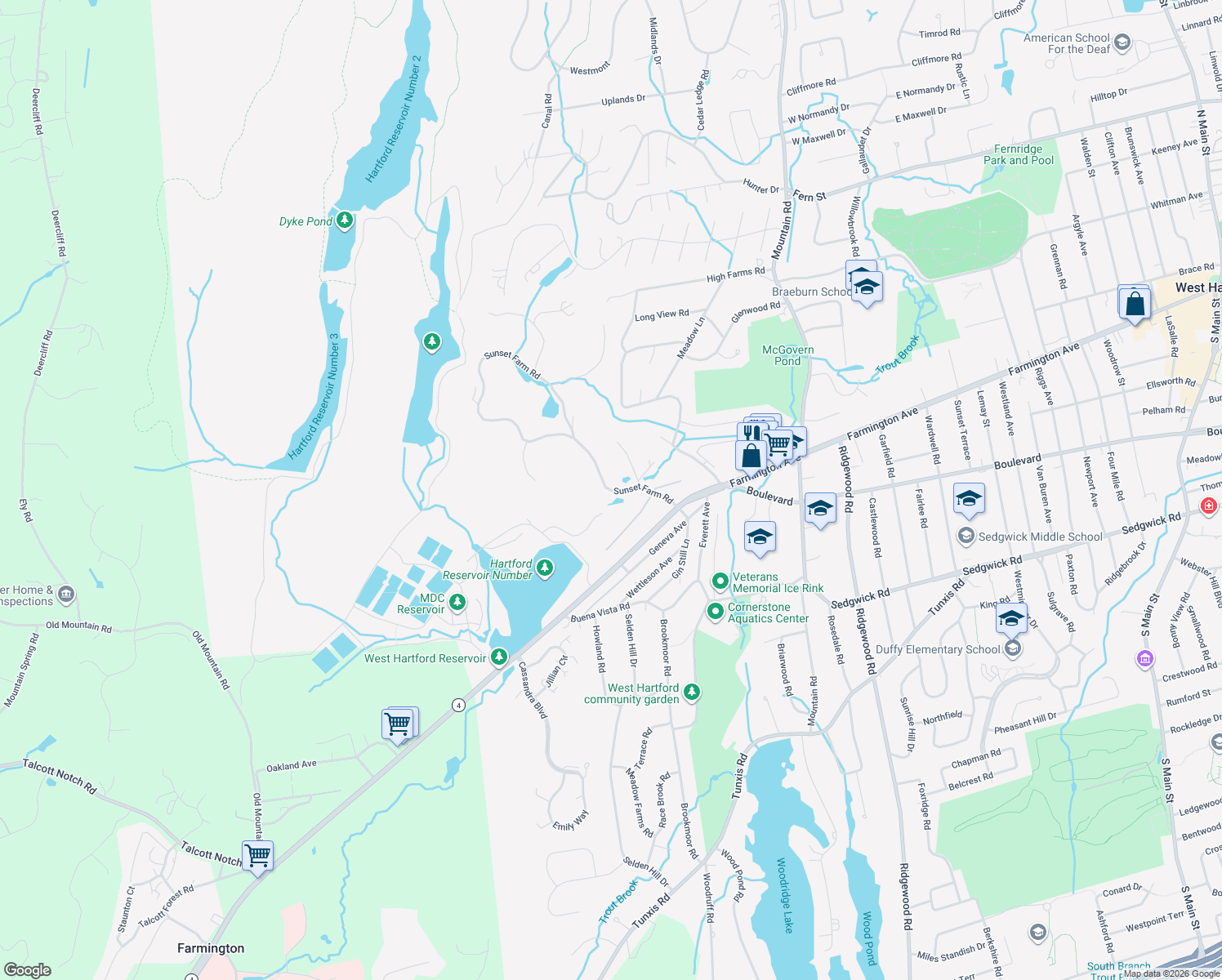 map of restaurants, bars, coffee shops, grocery stores, and more near 29 Sunset Farm Rd in West Hartford