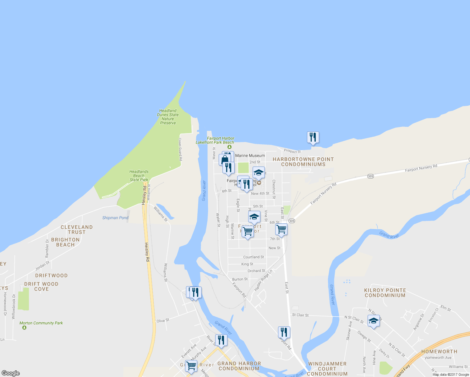 map of restaurants, bars, coffee shops, grocery stores, and more near 221 4th Street in Fairport Harbor
