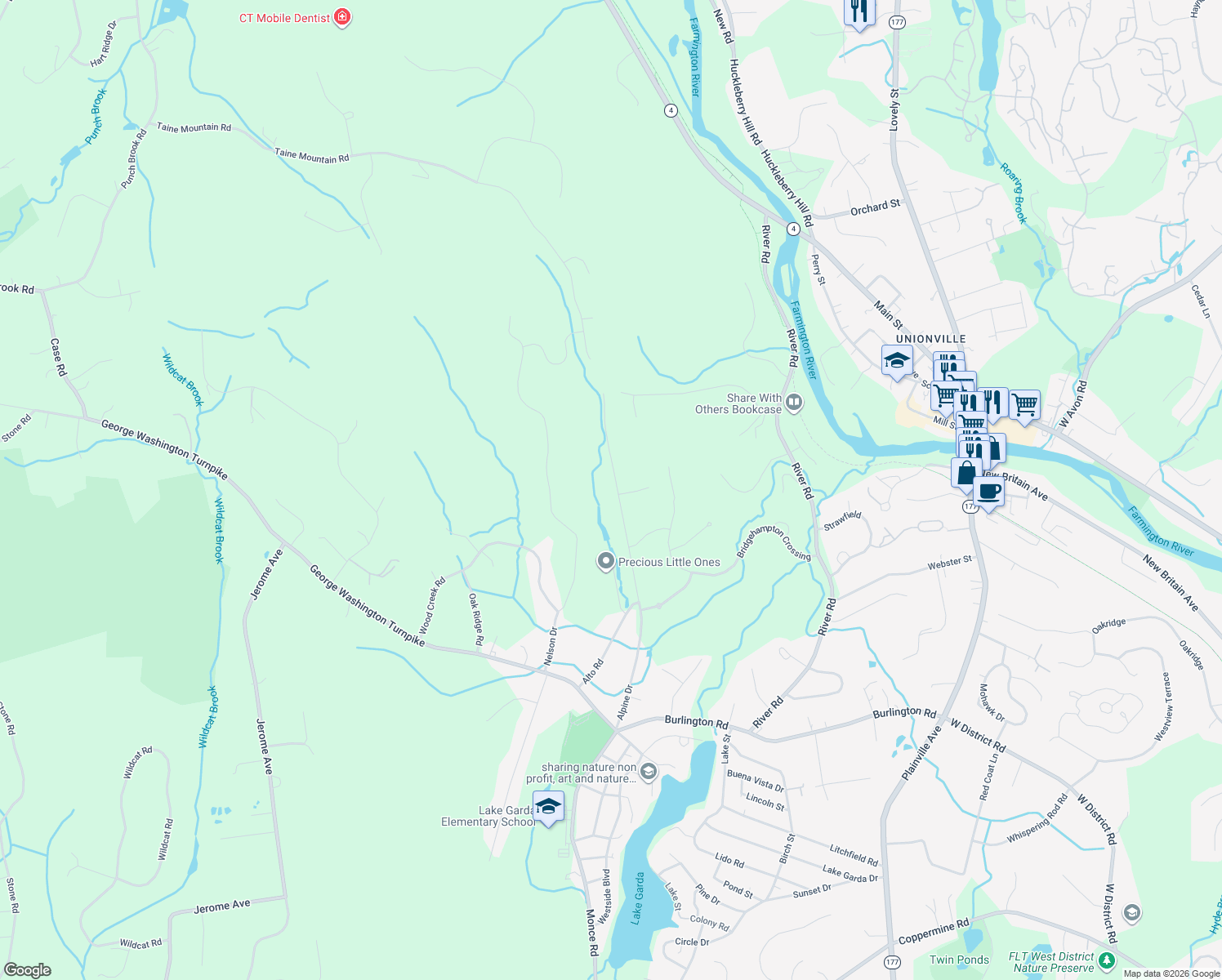 map of restaurants, bars, coffee shops, grocery stores, and more near 93 Alpine Drive in Burlington