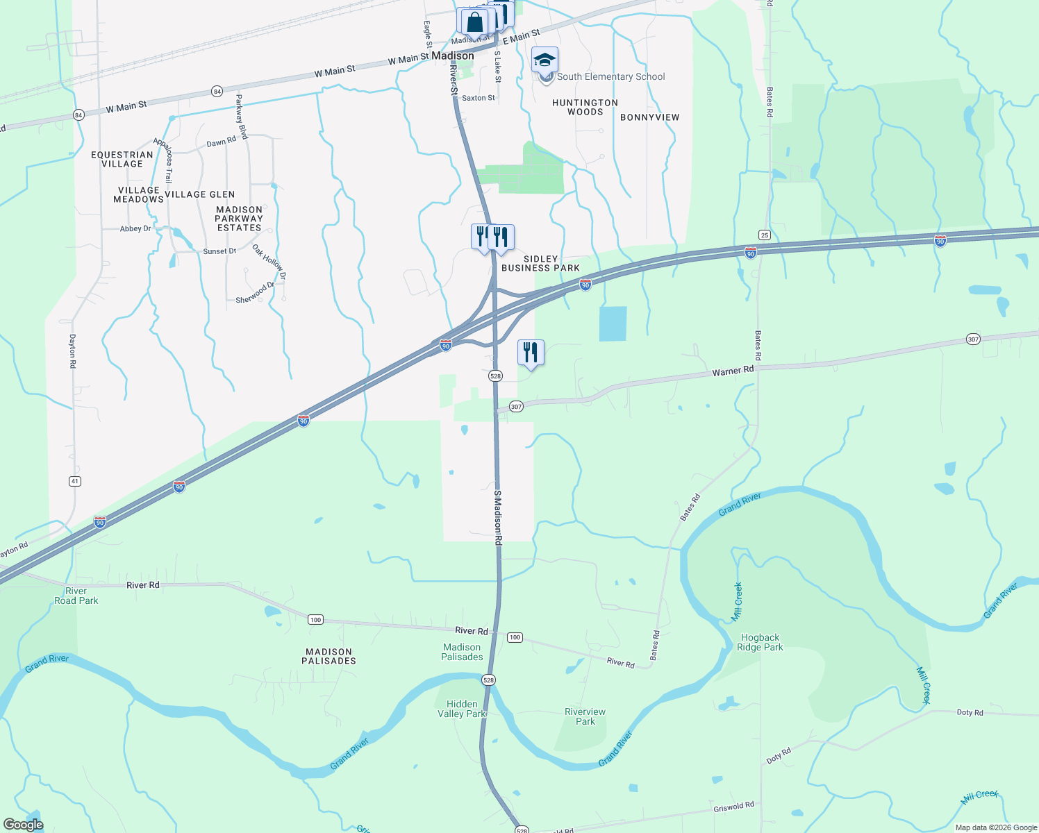 map of restaurants, bars, coffee shops, grocery stores, and more near 6766 Warner Road in Madison