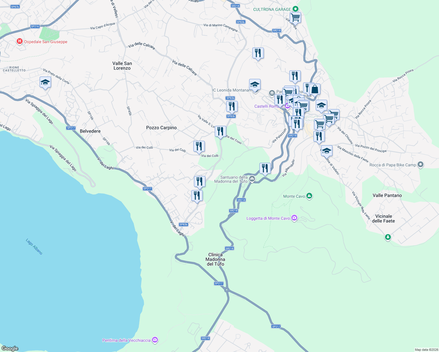 map of restaurants, bars, coffee shops, grocery stores, and more near 63 Via delle Barozze in Rocca di Papa